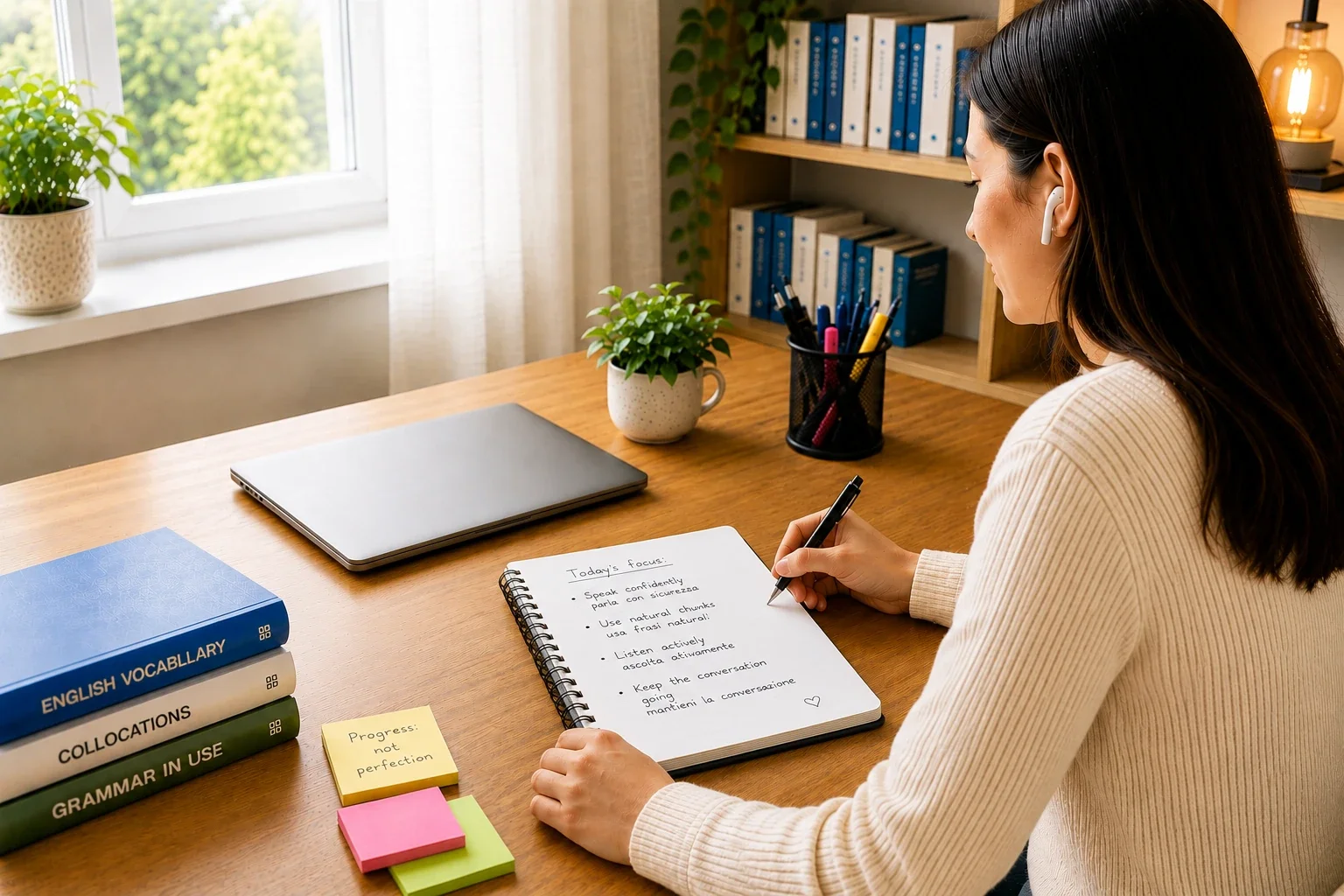 Studentessa adulta prende appunti per imparare e ricordare nuovi vocaboli inglesi