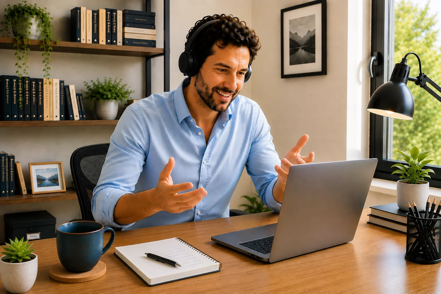 Studente adulto che parla inglese con sicurezza durante una conversazione online