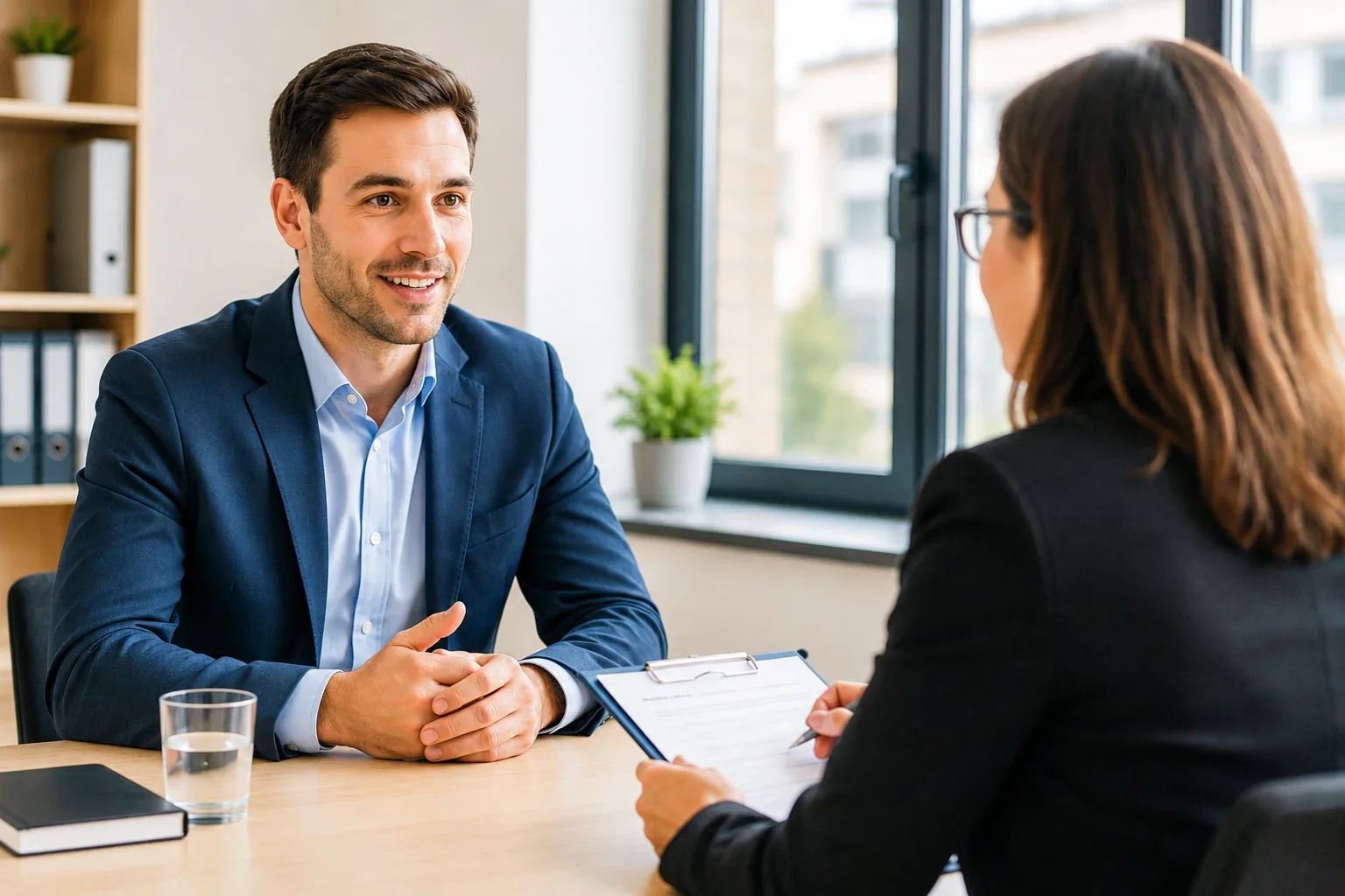 Colloquio di lavoro in inglese tra un candidato e una selezionatrice in un ufficio moderno