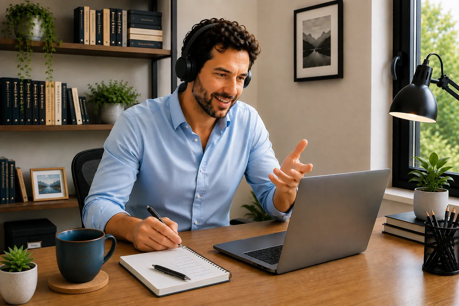 Studente adulto che si esercita a parlare inglese durante una lezione individuale online