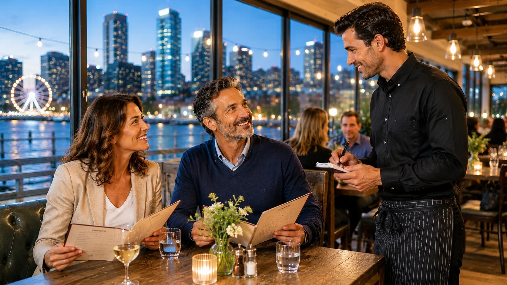 Coppia italiana ordina la cena in inglese in un ristorante all’aperto durante una vacanza.