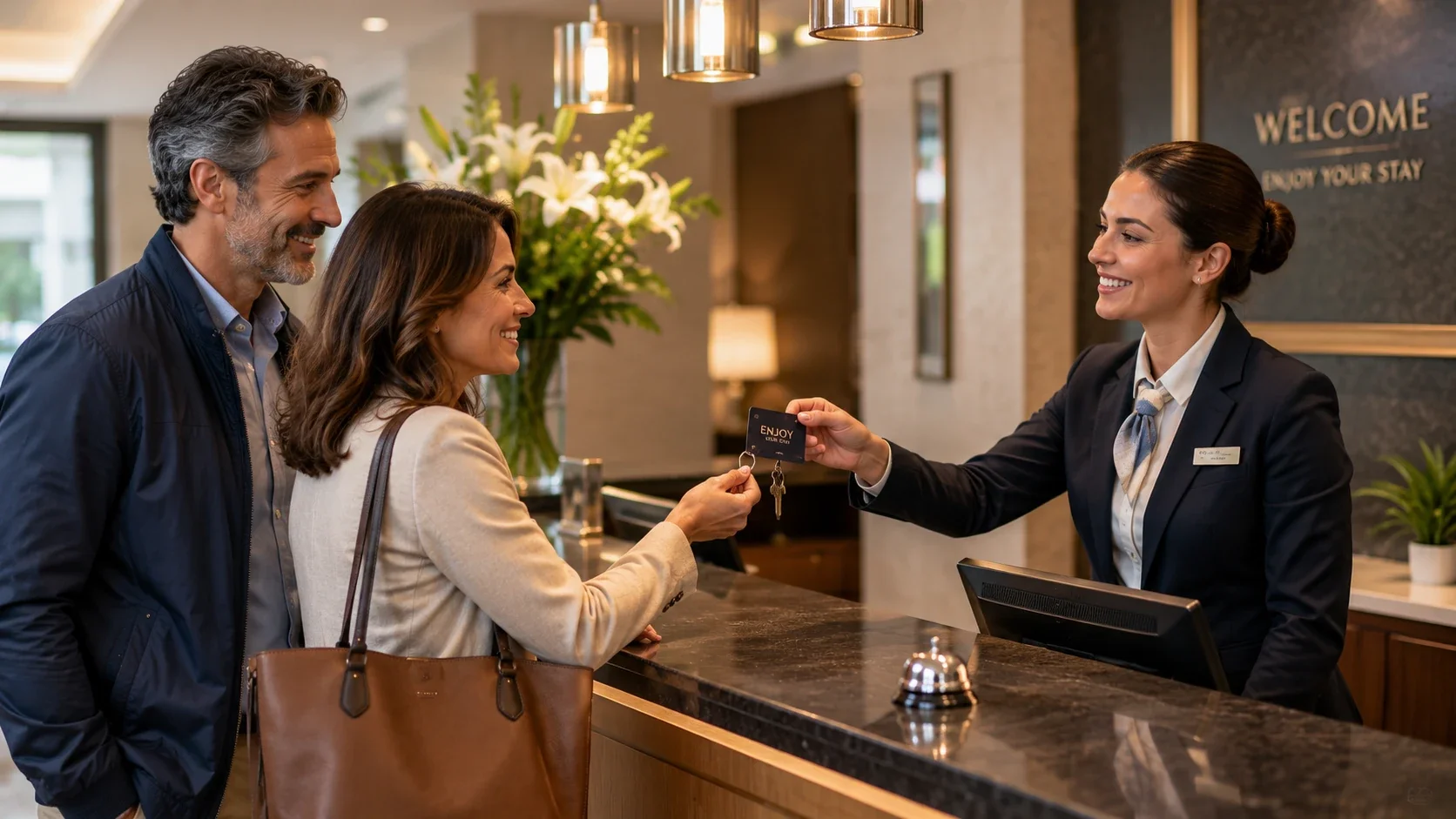 Receptionist accoglie una coppia italiana durante il check-in in un hotel.