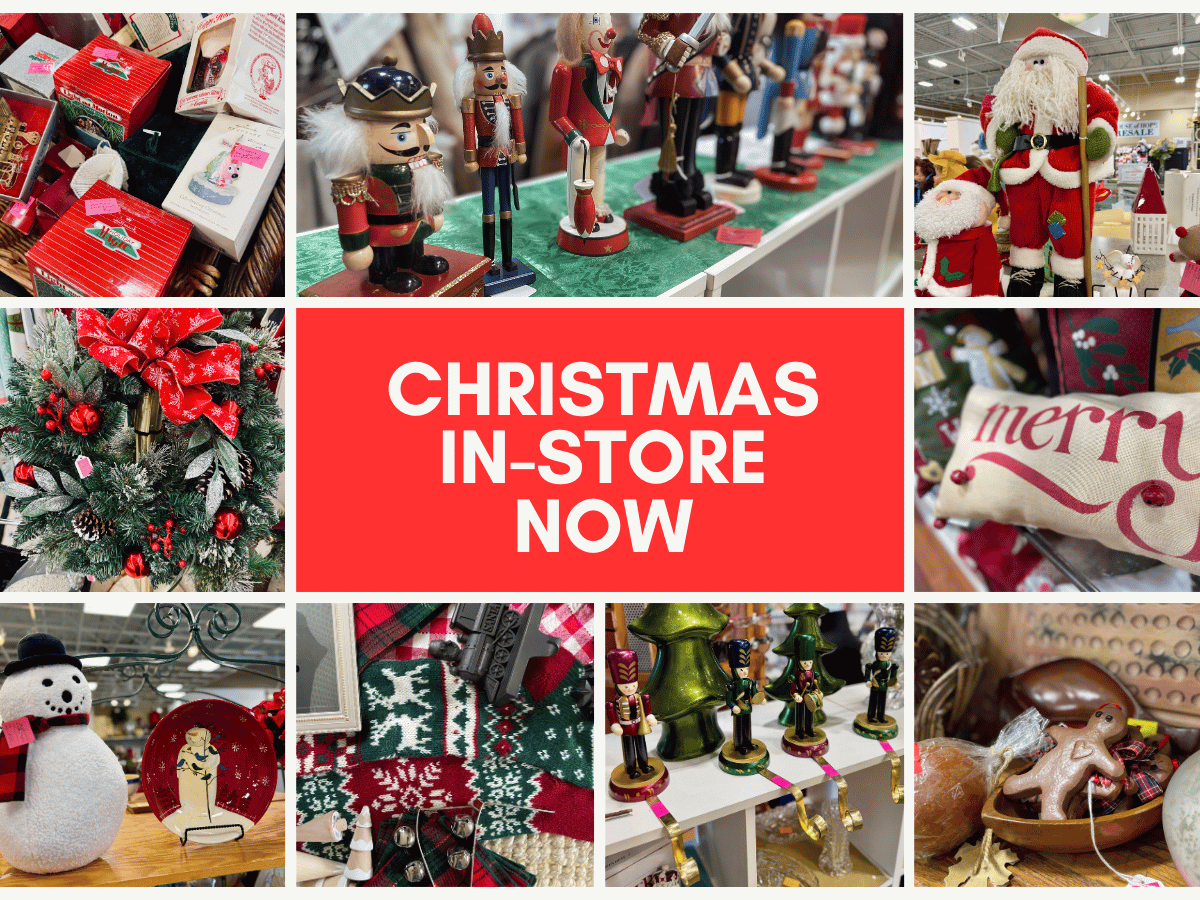 Christmas decor now in store at House of Hope Resale thrift store in Lake Zurich, IL, featuring vintage nutcrackers, Santa figurines, Christmas ornaments, holiday wreaths, festive pillows, snowmen, and secondhand holiday decorations.