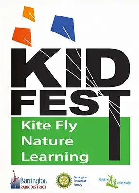 Barrington KidFest 2026 logo featuring kites, with the words Kite Fly, Nature Learning — hosted by Barrington Park District and Barrington Breakfast Rotary