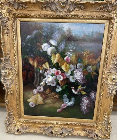 Bird and Flowers Oil Painting in Gilded Frame by G. Schroter
