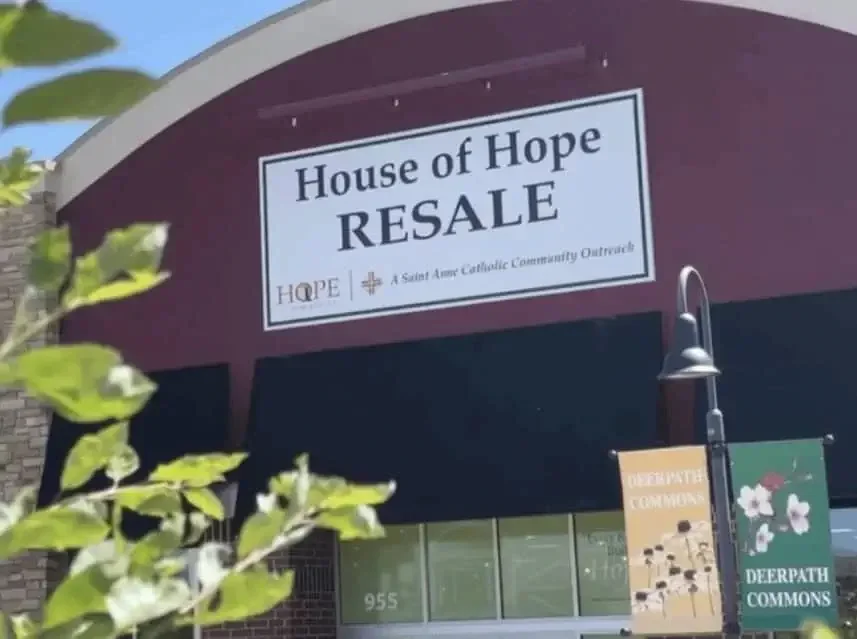 Exterior of House of Hope Resale thrift store in Lake Zurich, Illinois, featuring the storefront sign at Deerpath Commons, a nonprofit resale shop known for vintage finds, secondhand furniture, and home decor in the Chicago suburbs.