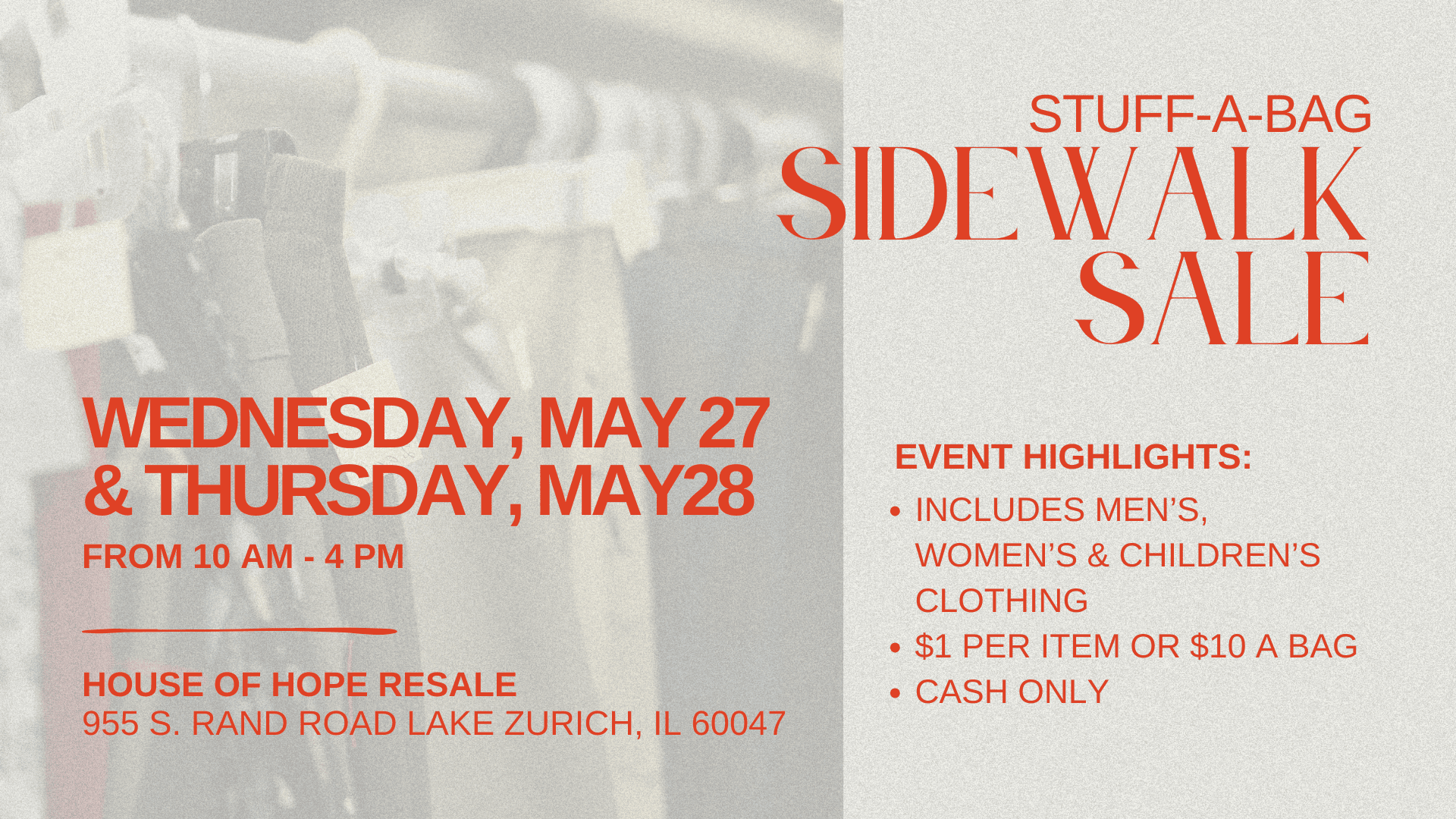 House of Hope Resale Stuff-A-Bag Sidewalk Sale in Lake Zurich featuring $10 fill-a-bag clothing deals for thrifted men's, women's, and kids clothing.