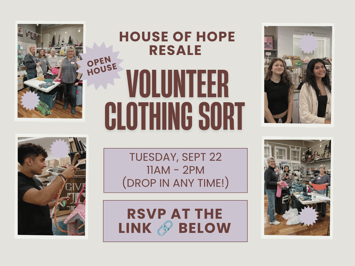 House of Hope Resale Volunteer Clothing Sort Open House in Lake Zurich, IL, Tuesday, September 22 from 11 a.m. to 2 p.m., featuring volunteers sorting donated clothing.
