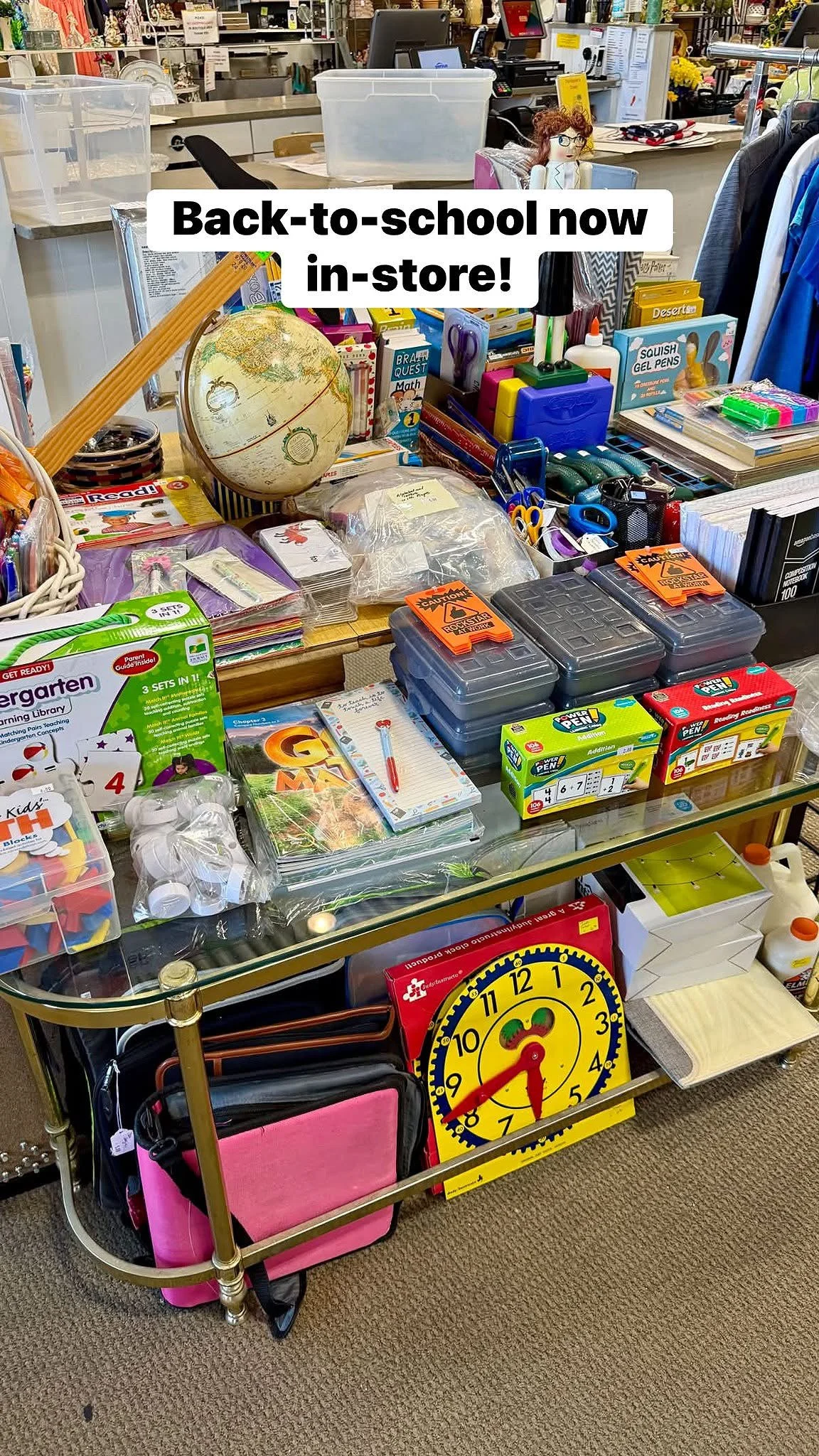 Back-to-school display at House of Hope Resale in Lake Zurich featuring gently-used school supplies, educational games, books, classroom materials, backpacks, organizers, and learning tools available at affordable thrift store prices.