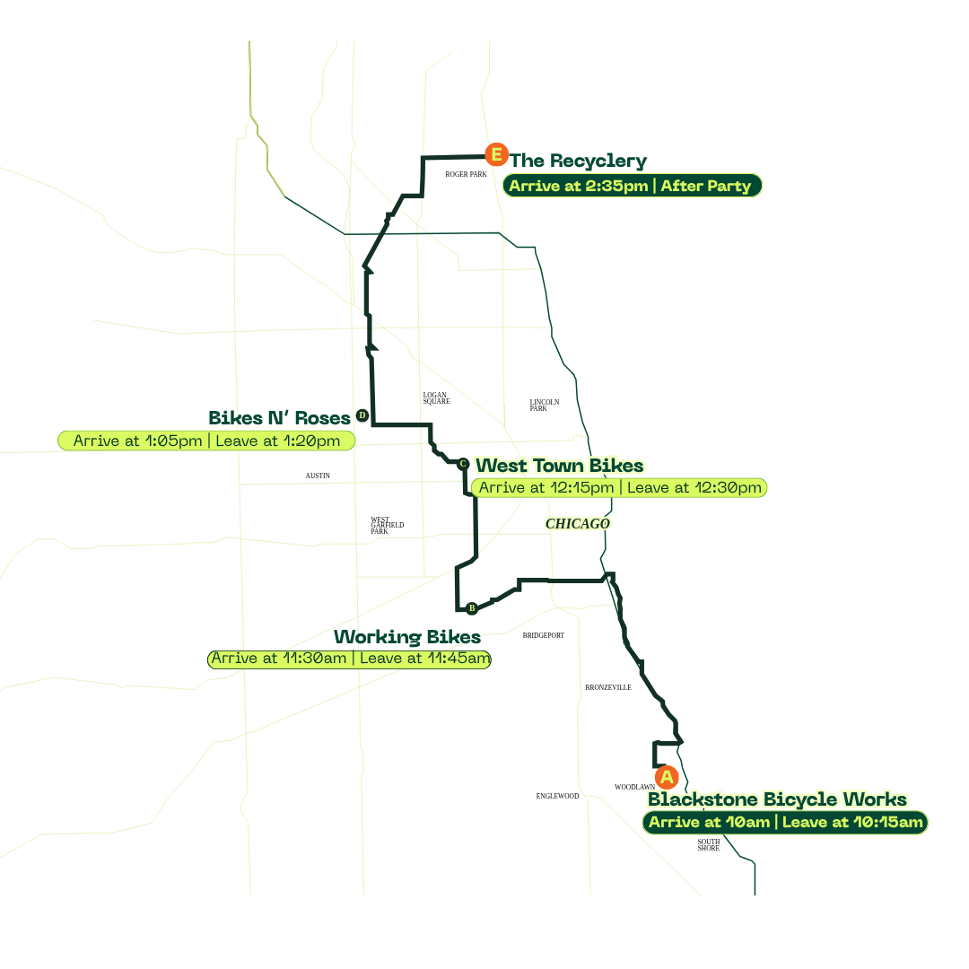 Map of bike routes from Blackstone Bicycle Works in Chicago to various destinations with estimated arrival and departure times, including West Town Bikes, Bikes N' Roses, and The Recyclyery.