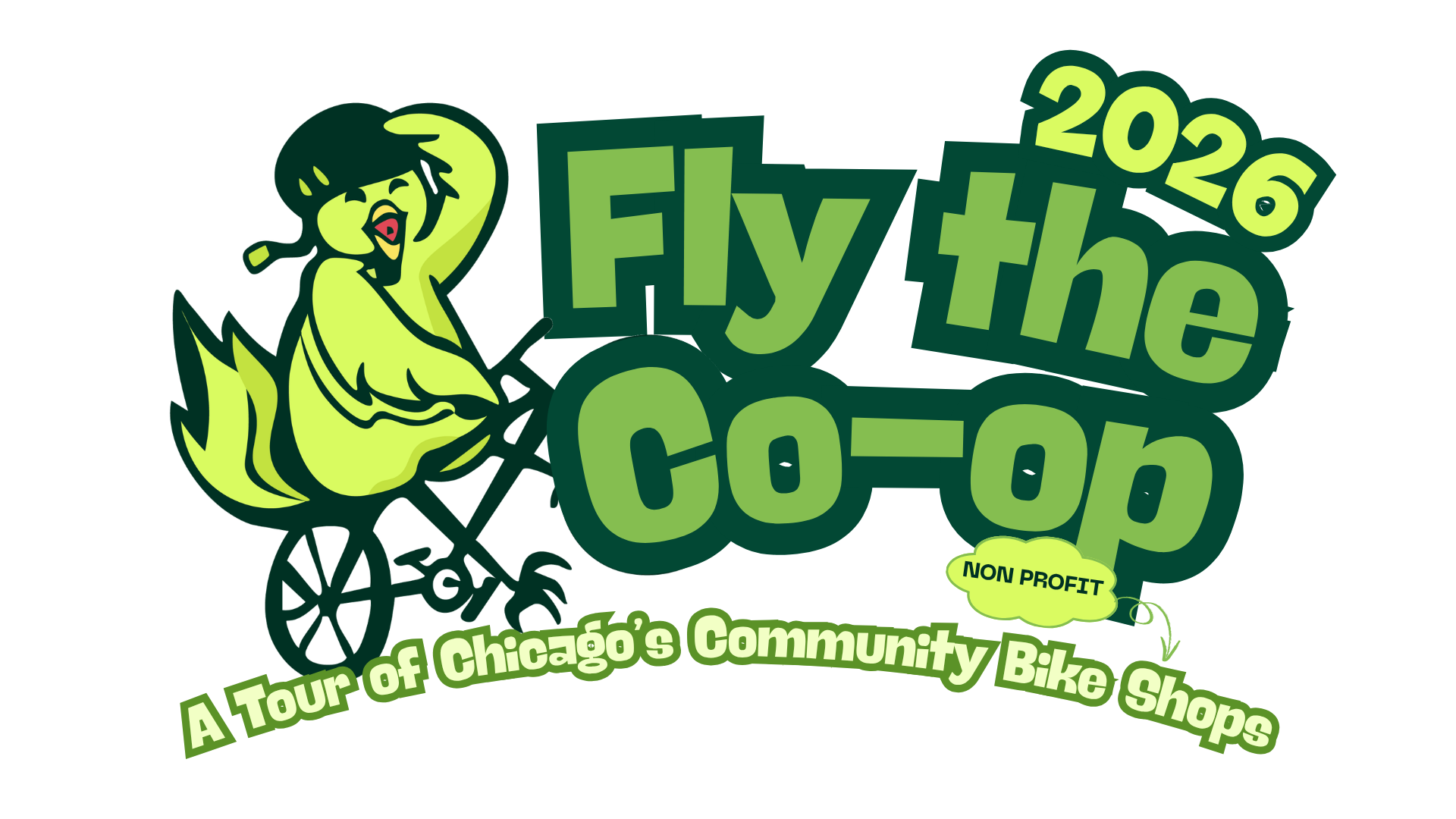 Logo for the 2026 Fly the Cone event, a tour of Chicago's community bike shops, featuring a cartoon chicken with a cap riding a bicycle.