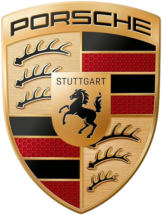 Close-up of Porsche crest with a gold background, black lettering, and a black horse in the center, with the word 'Stuttgart' above the horse. The crest features red and black stripes and gold oak leaves.