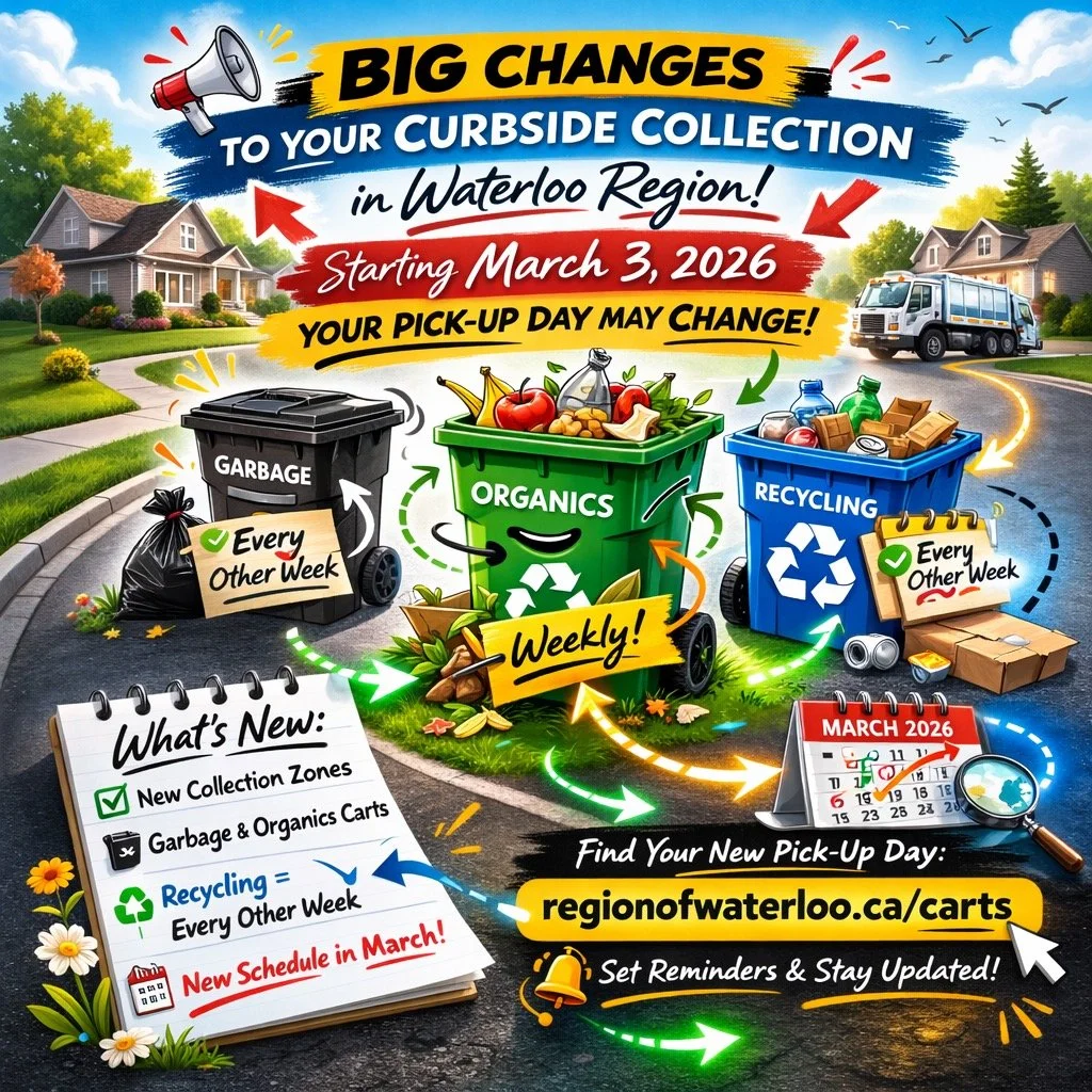 Waterloo Region curbside collection changes are coming in March, and your pick-up day may be changing.
Starting Tuesday, March 3, 2026, the Region is switching to cart-based collection for garbage and organics and moving to a new zone-based schedule.