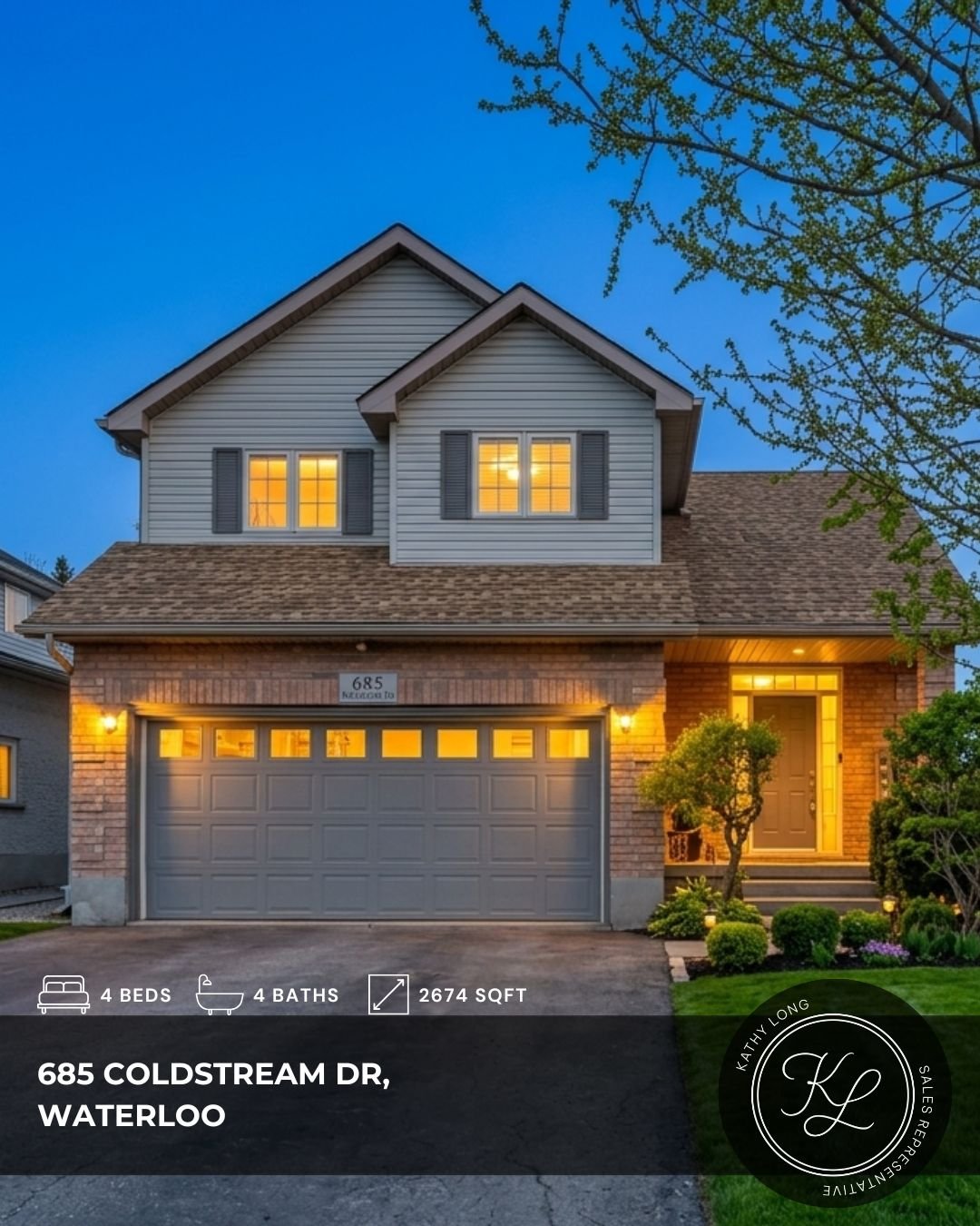 685 Coldstream Drive in Waterloo. 
This inviting 3+1 bedroom, 4 bathroom home offers the perfect blend of comfort and function, with spacious living areas and a backyard pool made for summer enjoyment. Located in a desirable neighbourhood close to sc