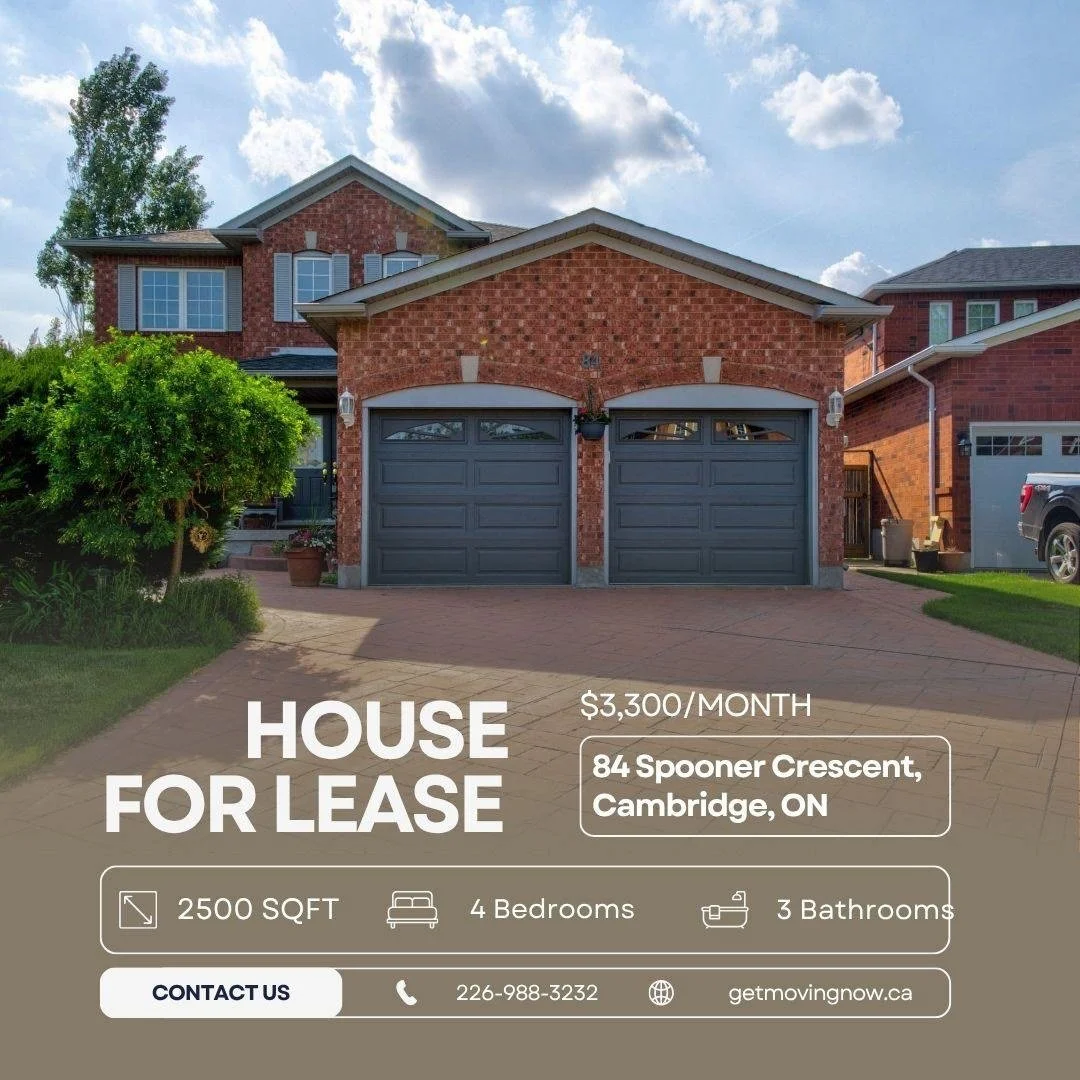 Now available for lease at 84 Spooner Crescent in Cambridge.
This spacious home offers 4 bedrooms, 3 bathrooms, and approximately 2,500 sq ft of living space in a great family-friendly location. With a bright layout, generous room sizes, and easy acc