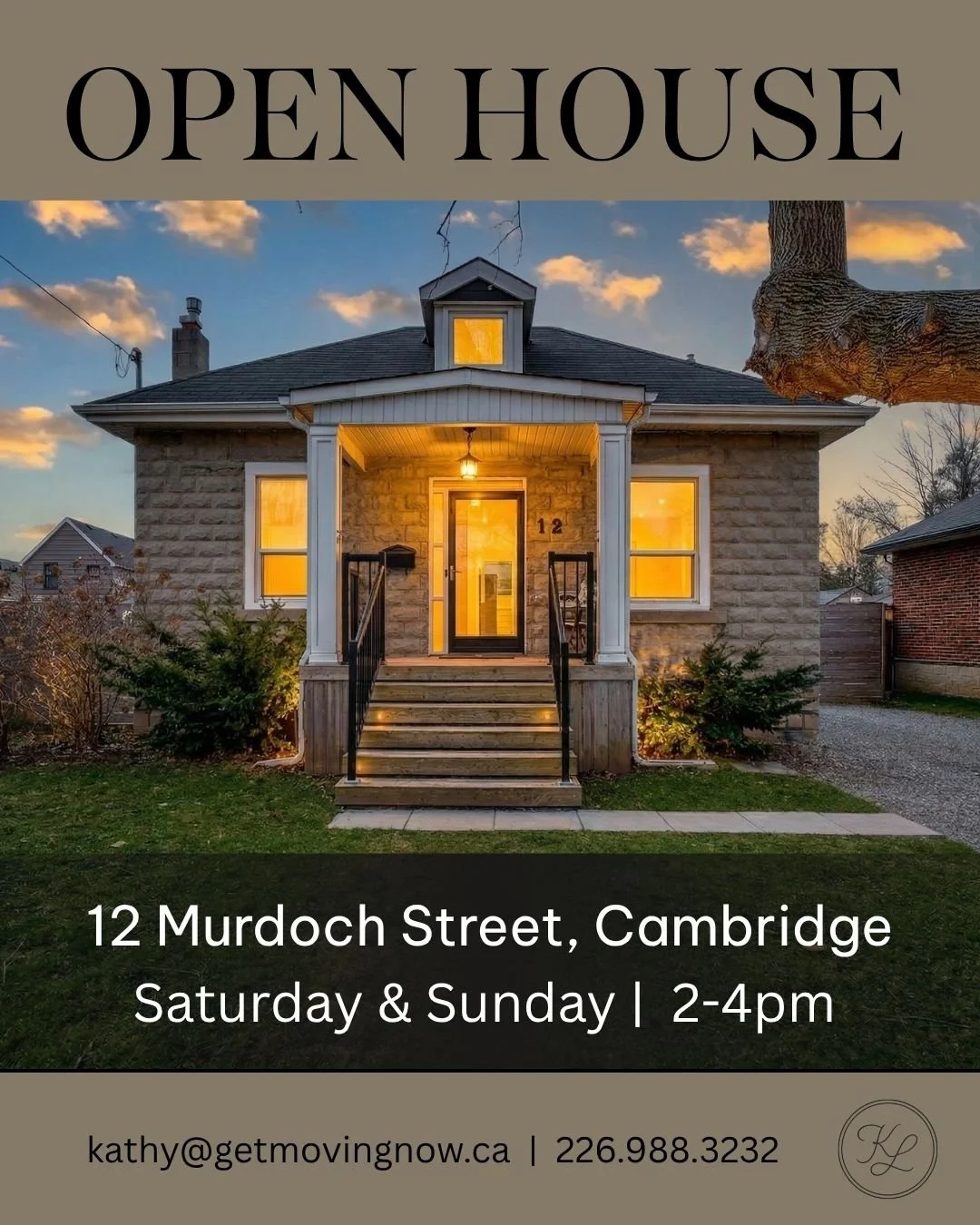 Open House this Saturday and Sunday, April 11 &amp; 12 from 2&ndash;4 PM at 12 Murdoch Street, Cambridge.

Come see this charming 2-bedroom home in a family-friendly neighbourhood close to the park, featuring a main floor primary bedroom, bright sunr