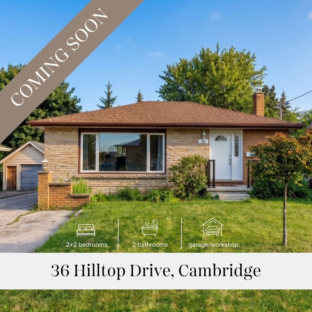 COMING SOON &mdash; 36 HILLTOP DRIVE, CAMBRIDGE
This 2+2 bedroom, 2 bathroom home offers space, flexibility, and features buyers are always looking for. With a detached garage/workshop and a basement with potential for an in-law suite, this is a prop