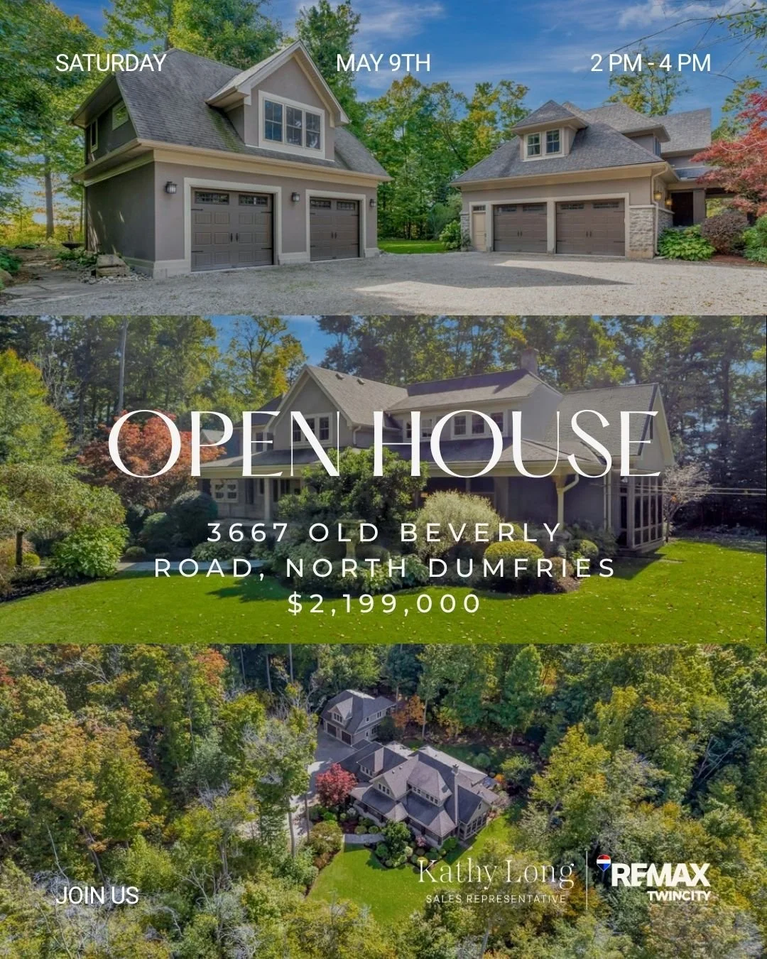 OPEN HOUSE
3667 Old Beverly Road, North Dumfries
Saturday, May 9th | 2:00&ndash;4:00 PM
Come tour this beautiful country property in North Dumfries and experience the space, charm, and peaceful setting for yourself.
With a detached garage/workshop, g