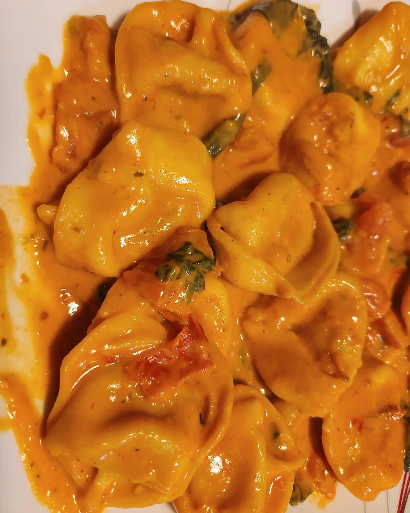 Cheese tortellini w/ pink sauce. We promise you won't be disappointed! Come on in while it lasts!