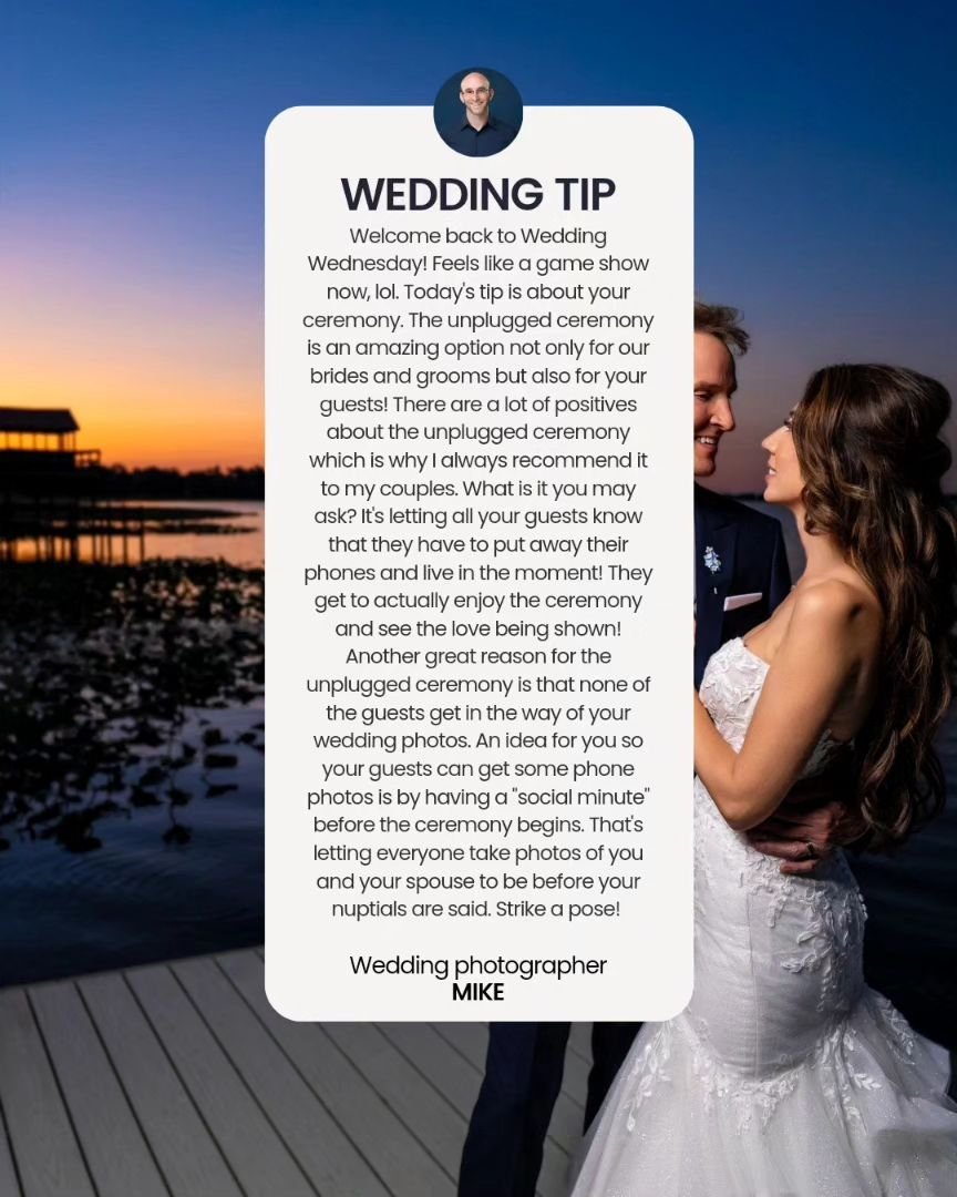 《 Happy Wedding Wednesday! Today's tip will help everyone enjoy the ceremony a bit more ✨️ Save this tip for later and tag a future bride/groom it could help! Did you have an unplugged ceremony when you got married? 》
.
.
.
#unpluggedceremony #unplug