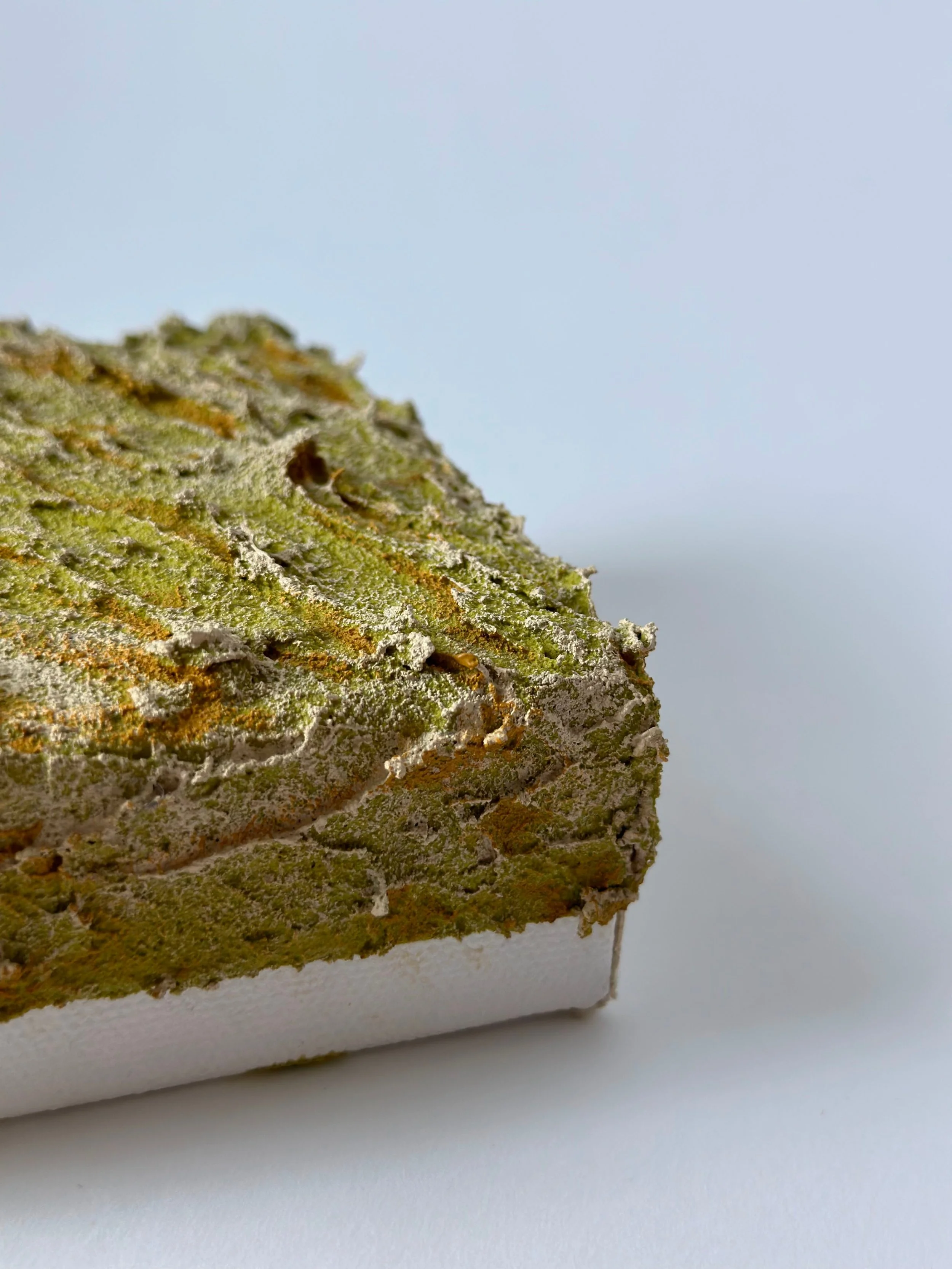 Close-up of a bundle of dried cannabis with green and brown hues, on a white surface.