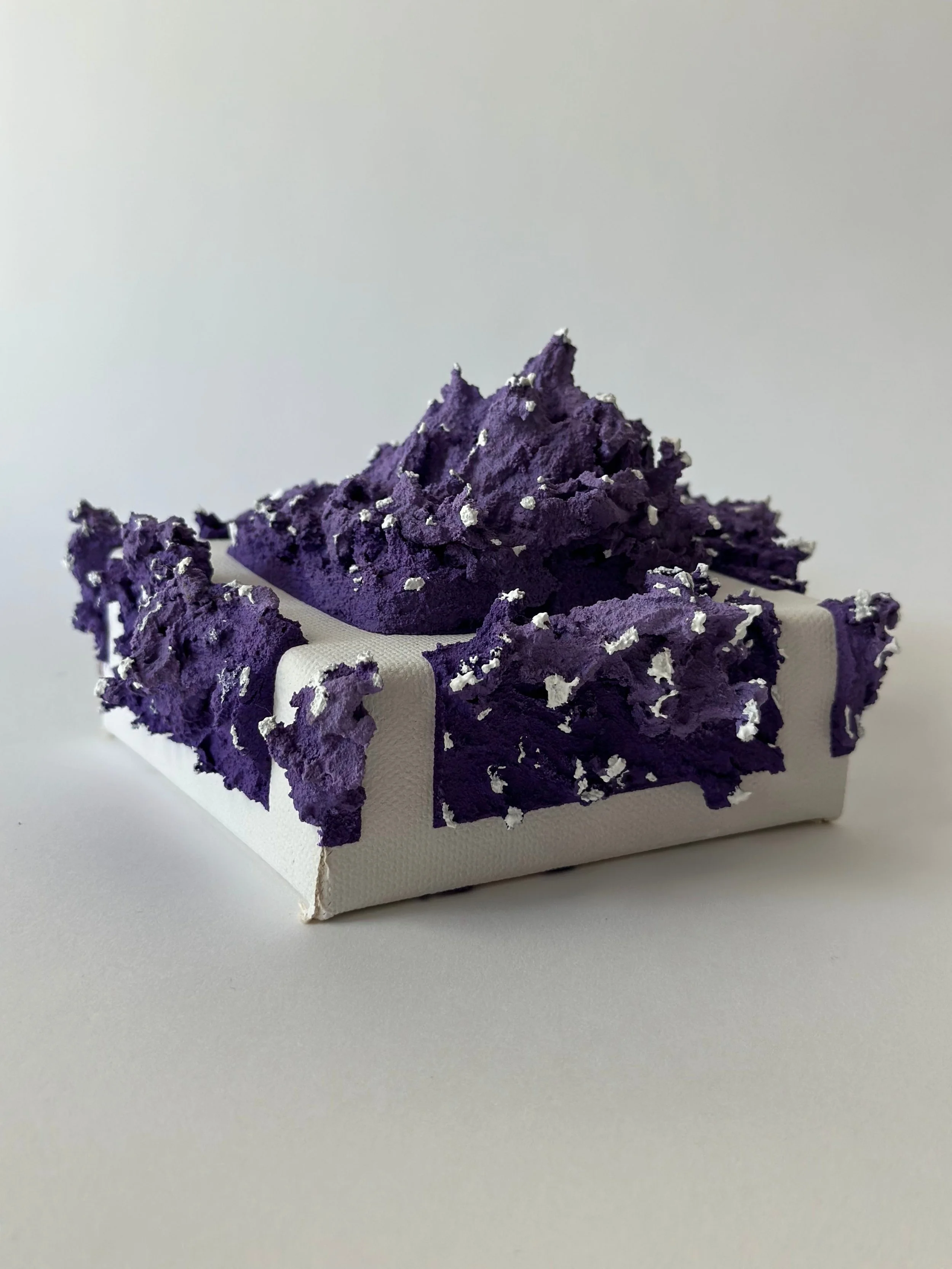 A purple textured soap with white flakes on a white box against a gray background.