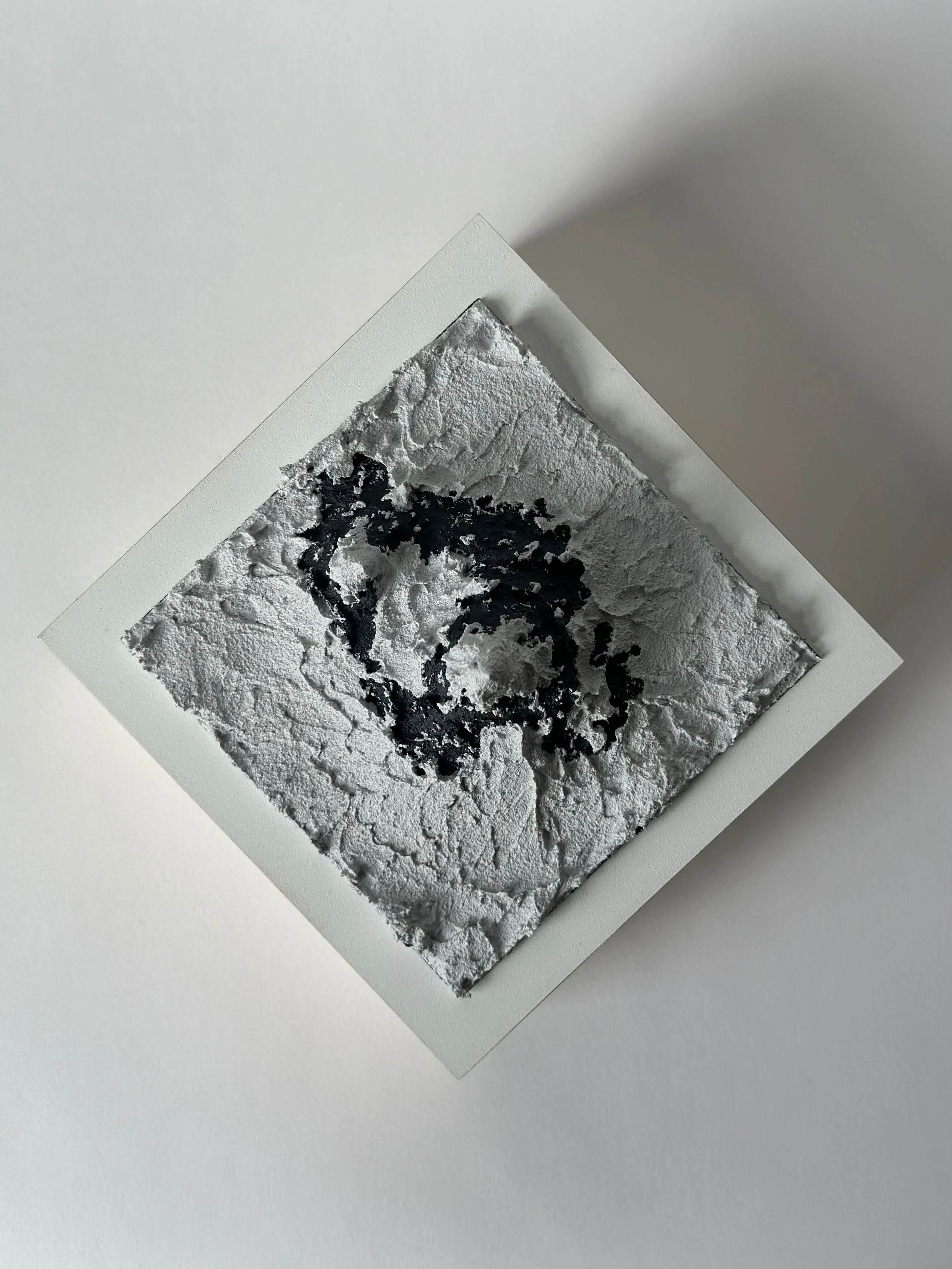 Abstract artwork consisting of a textured, cracked white surface with black irregular lines.