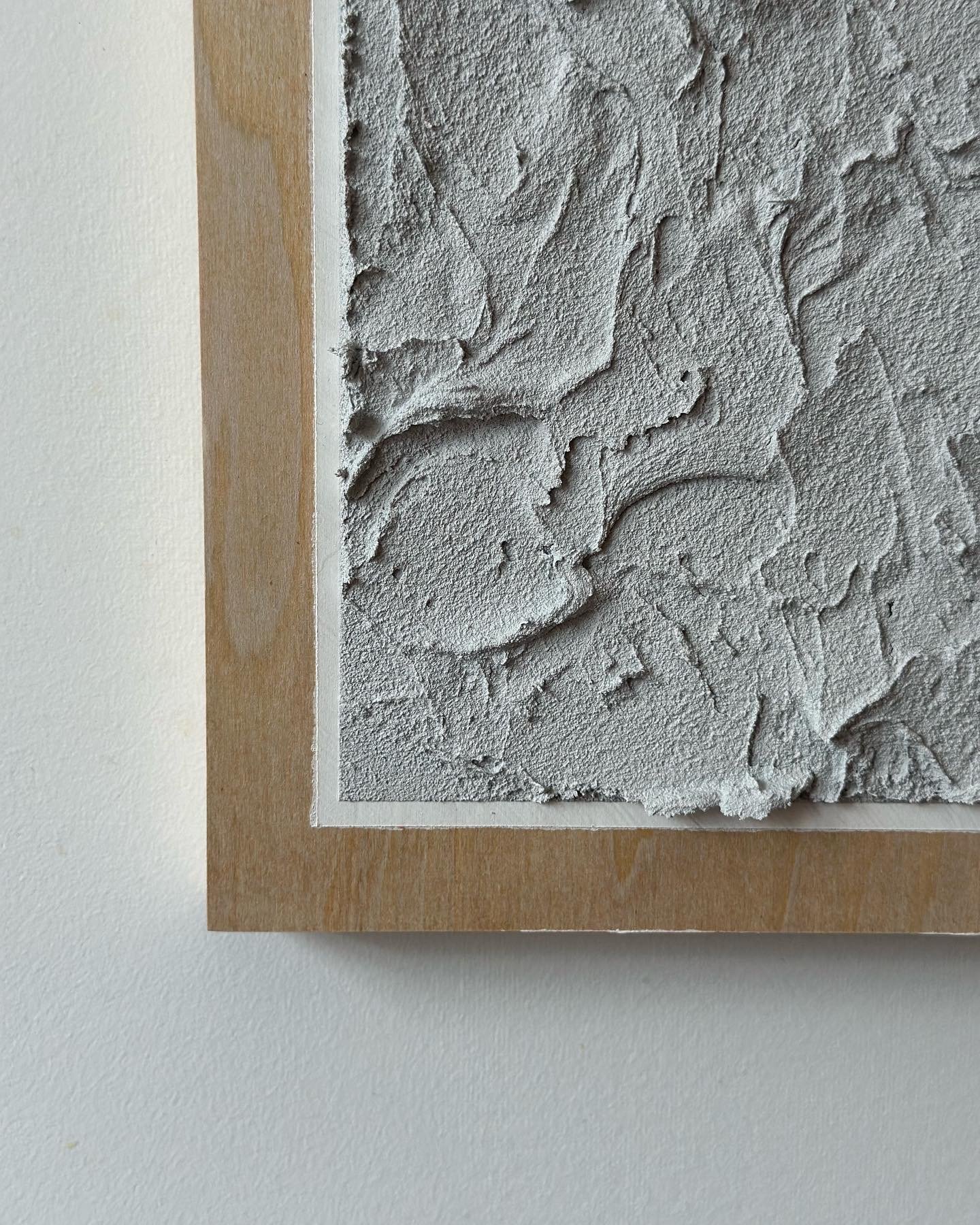 Close-up of textured wall with rough, leaf-like patterns in gray, bordered by beige and white edges.