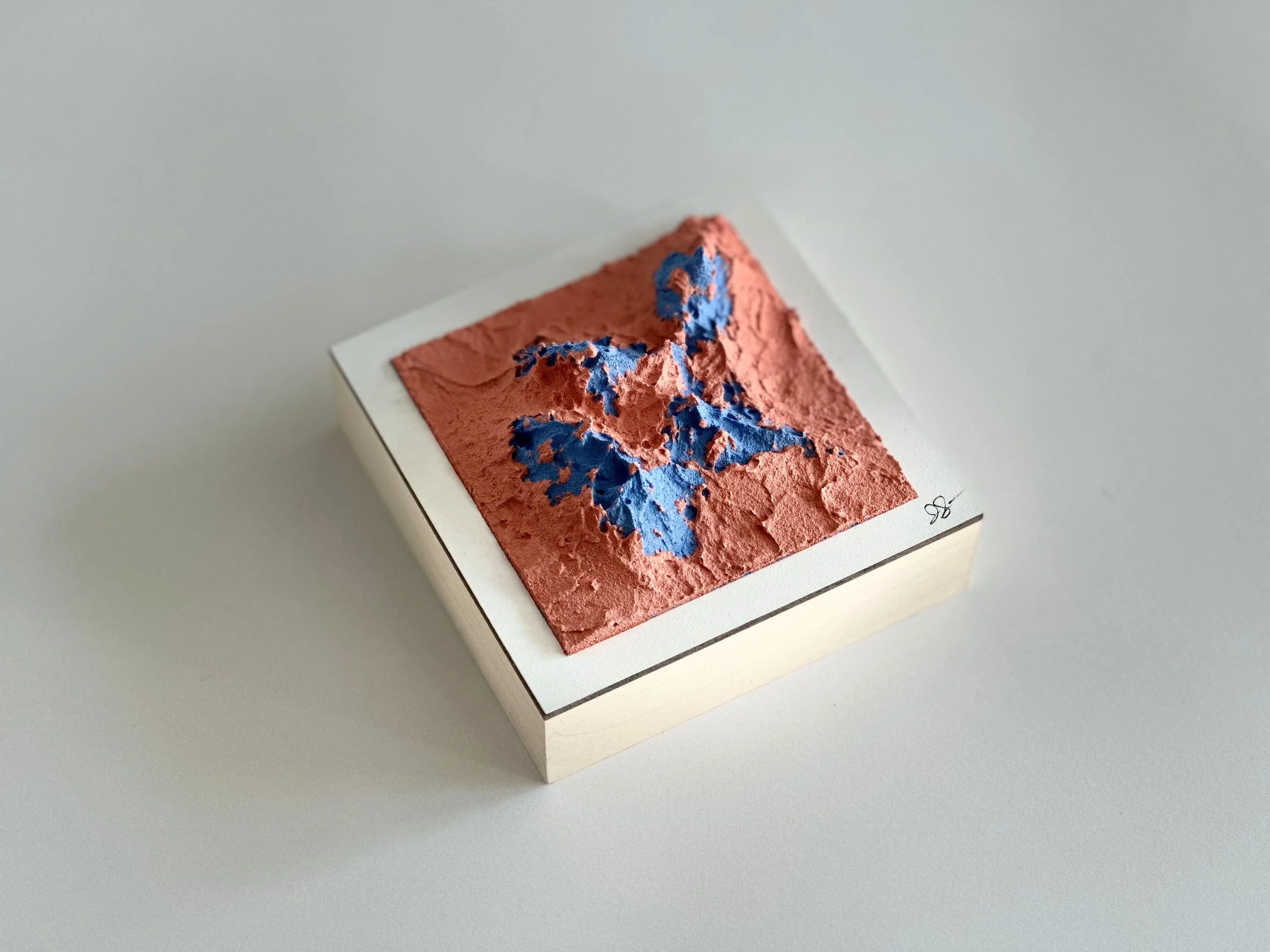 Abstract landscape art with textured orange background and blue leaf shapes, on a white box.