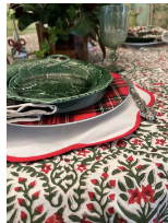 Poinsettia Red and Green Floral Block Print Tablecloth