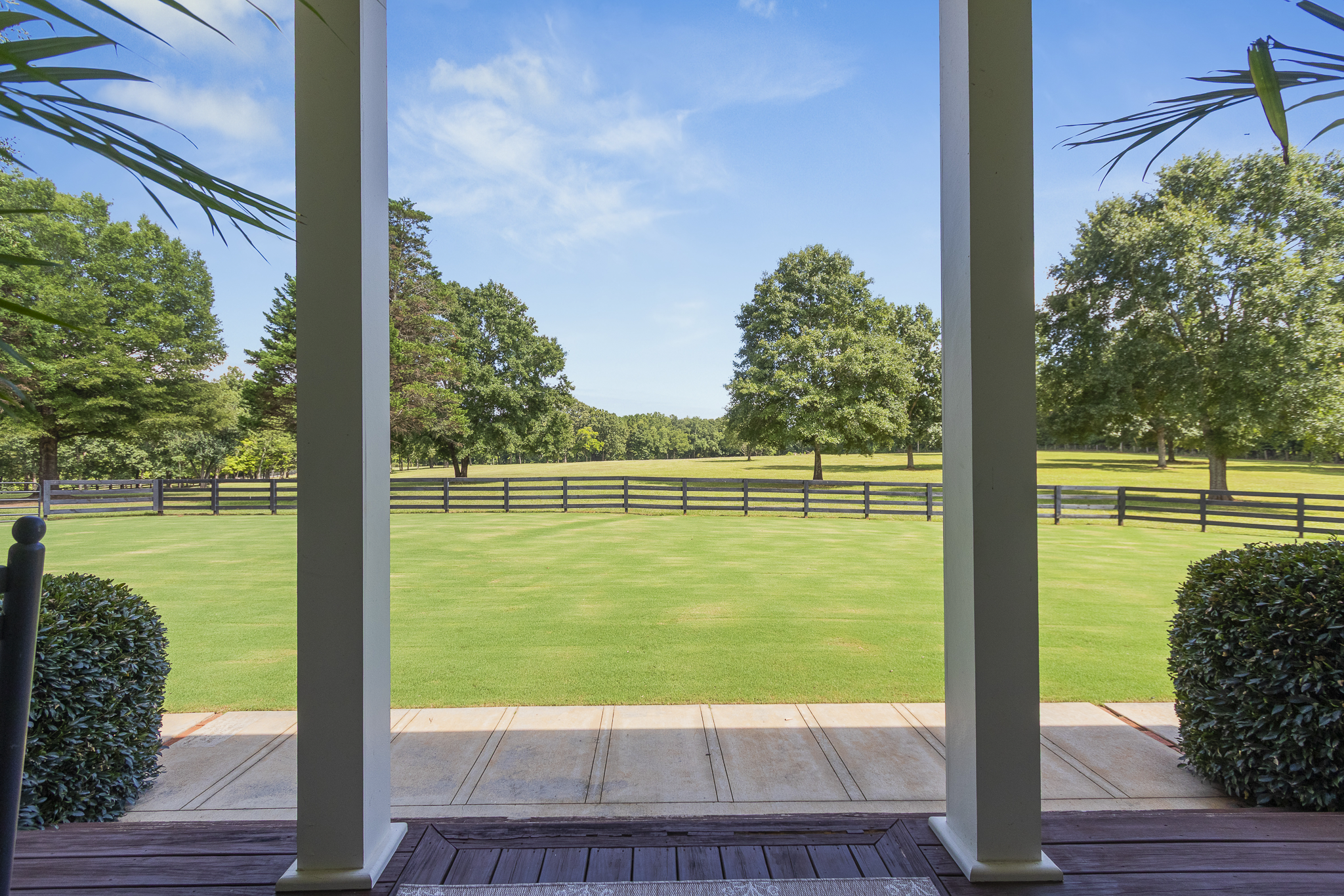 View of a backyard lawn with trees and a fence, seen from a porch with white columns and wooden flooring.