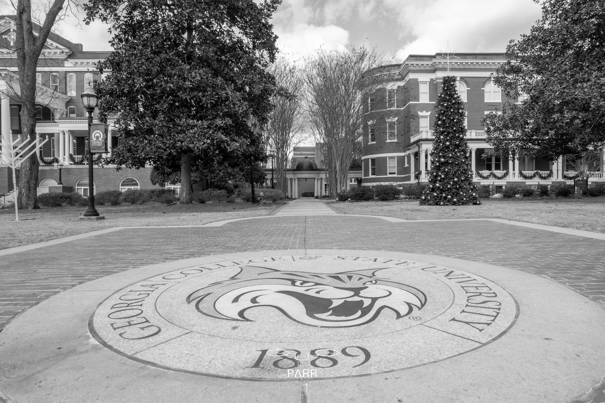 Black and white photo of a university campus with a circular emblem on the ground reading 'Old Georgia City State University 1889', a large Christmas tree and historic buildings in the background.