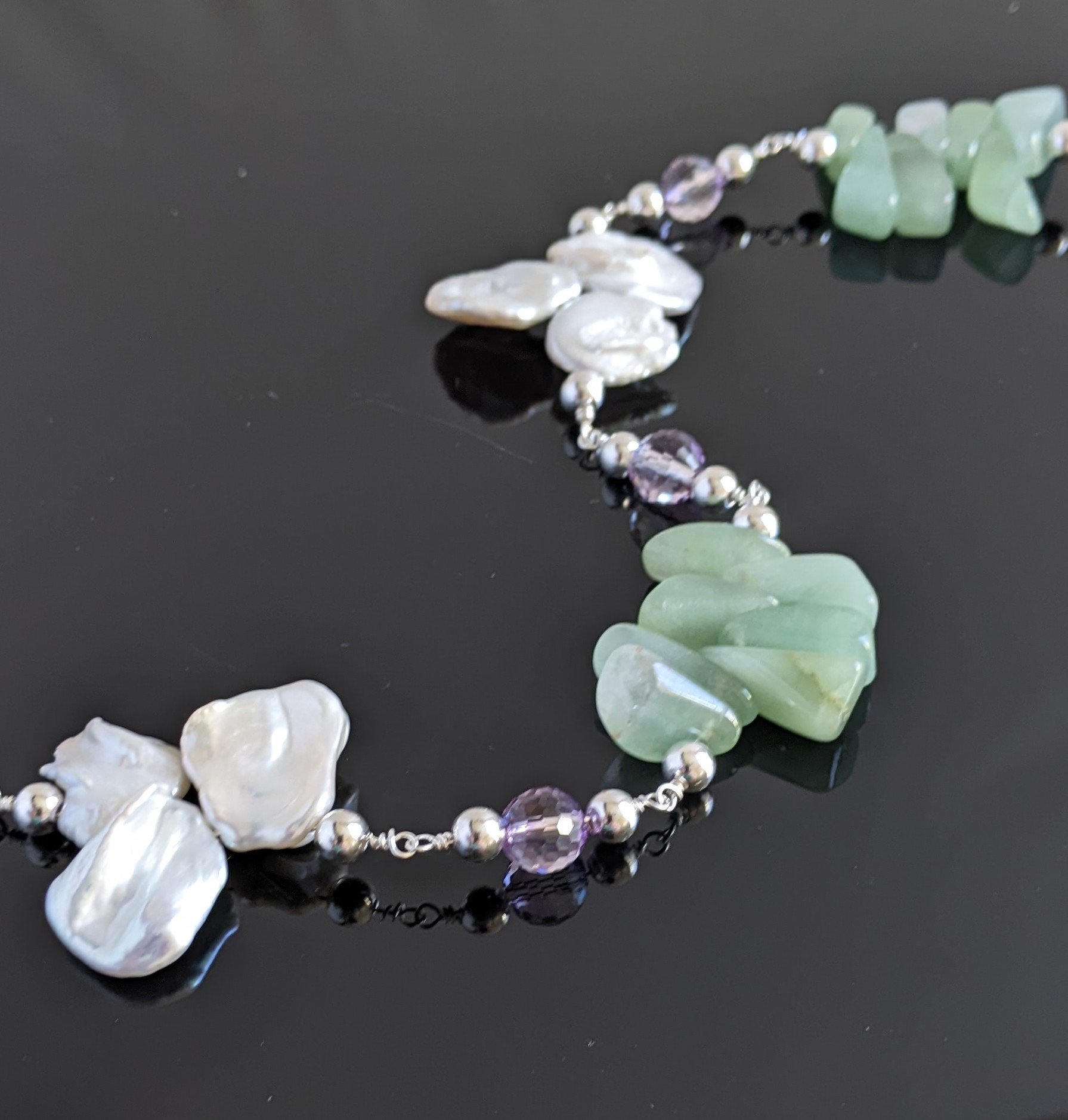 White Keshi Pearl and Green Aventurine Necklace — Freaky Jewelry