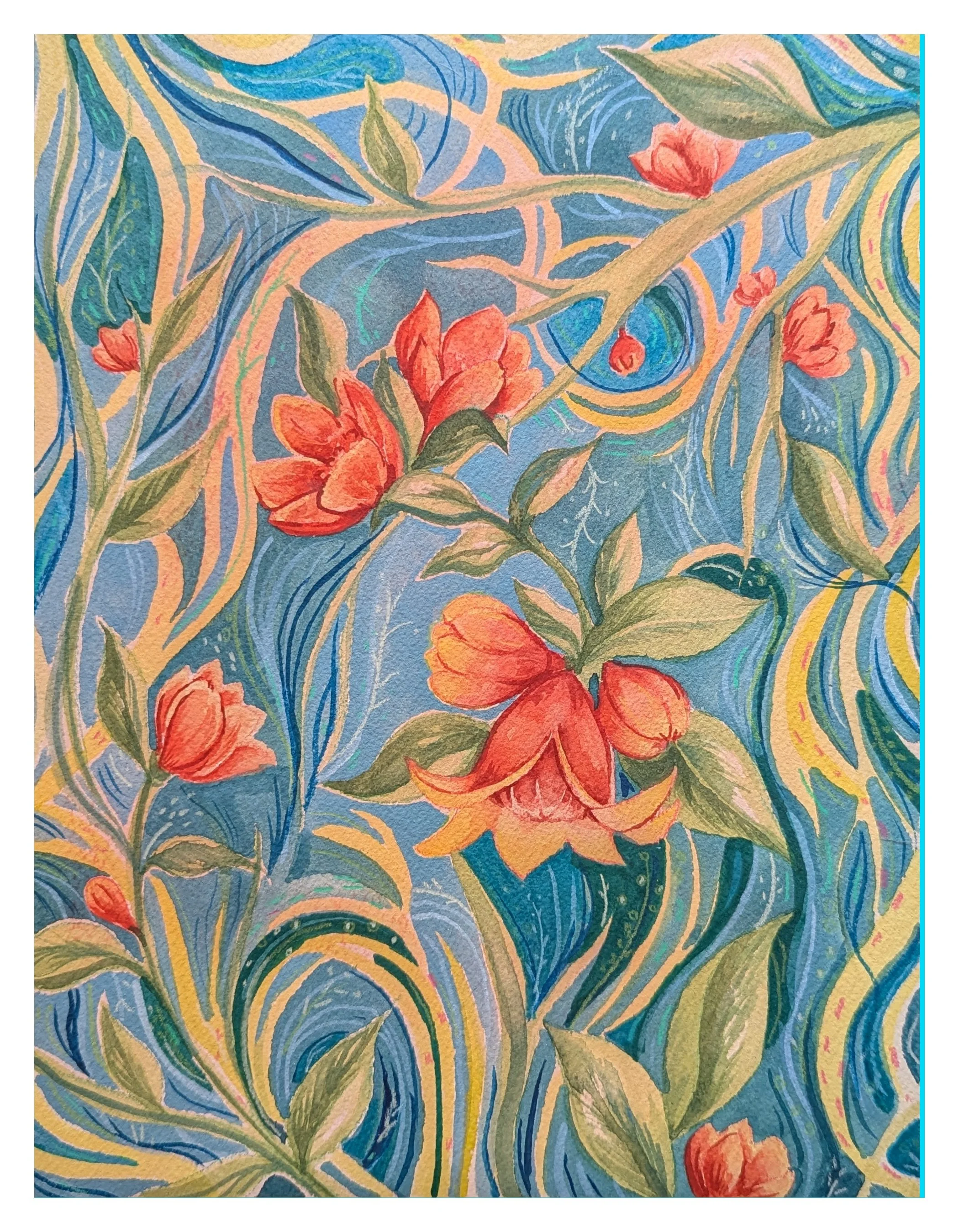 Pomegranate flower_7x9 print.jpg - Thalo Blue.jpg