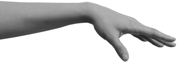 A person's arm with fingers extended, photographed in black and white.