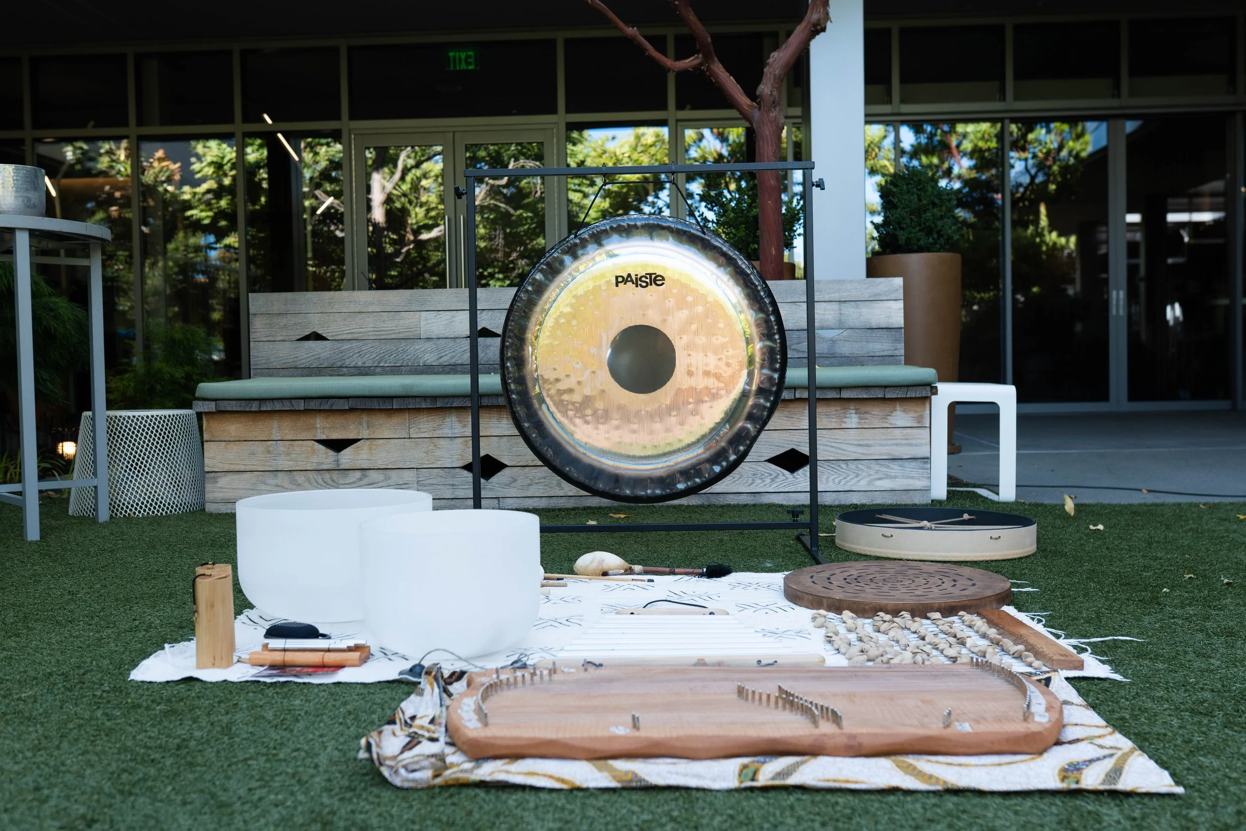 Outdoor music therapy setup with a large gong, crystal singing bowls, a wooden percussion instrument, and other musical tools arranged on rugs on the grass in front of a building with large glass windows and a bench.