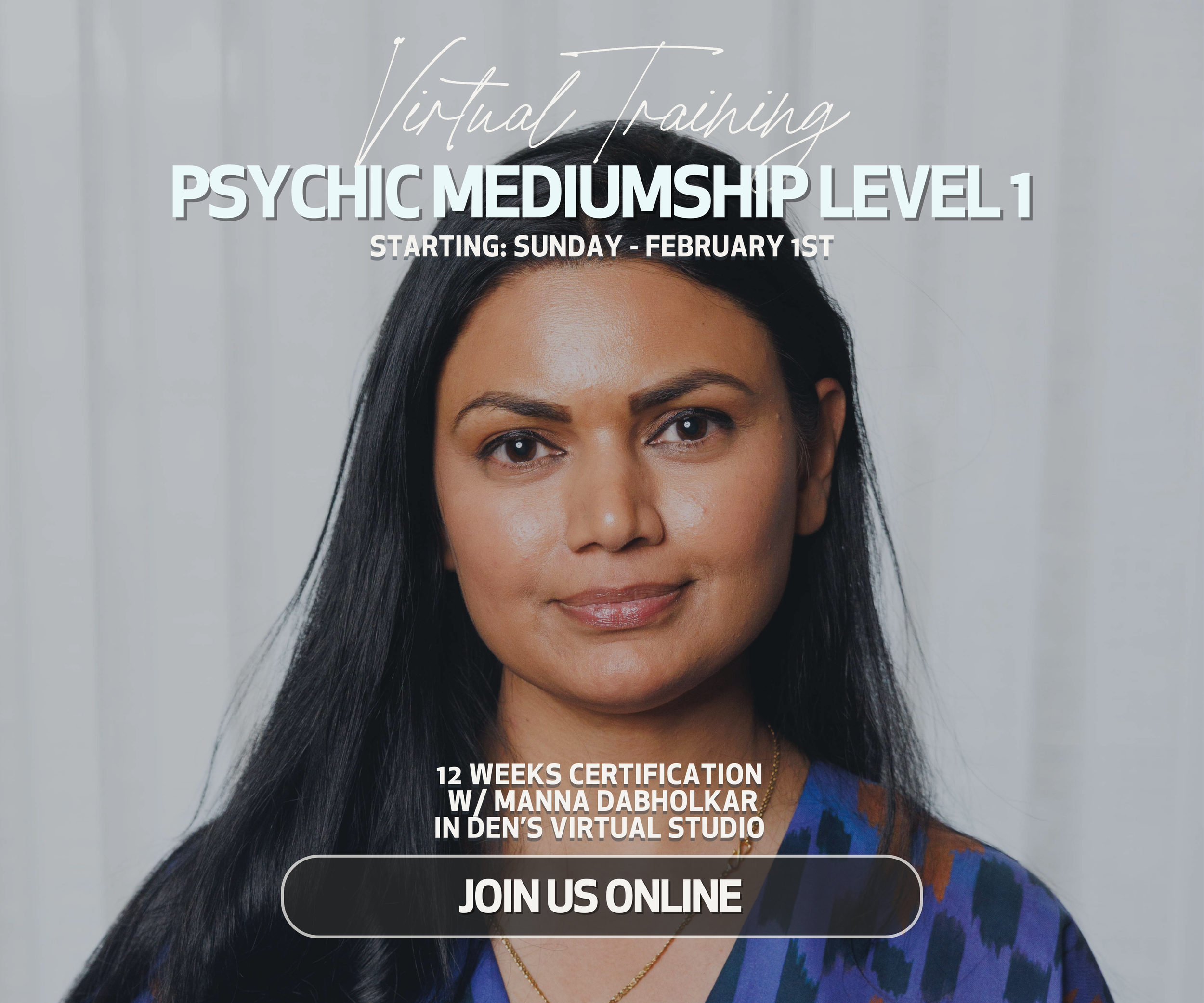 Advertisement for a virtual training course in psychic mediumship, Level 1, starting February 1st, with a photo of a woman in a blue patterned shirt, text overlay about certification and online enrollment.