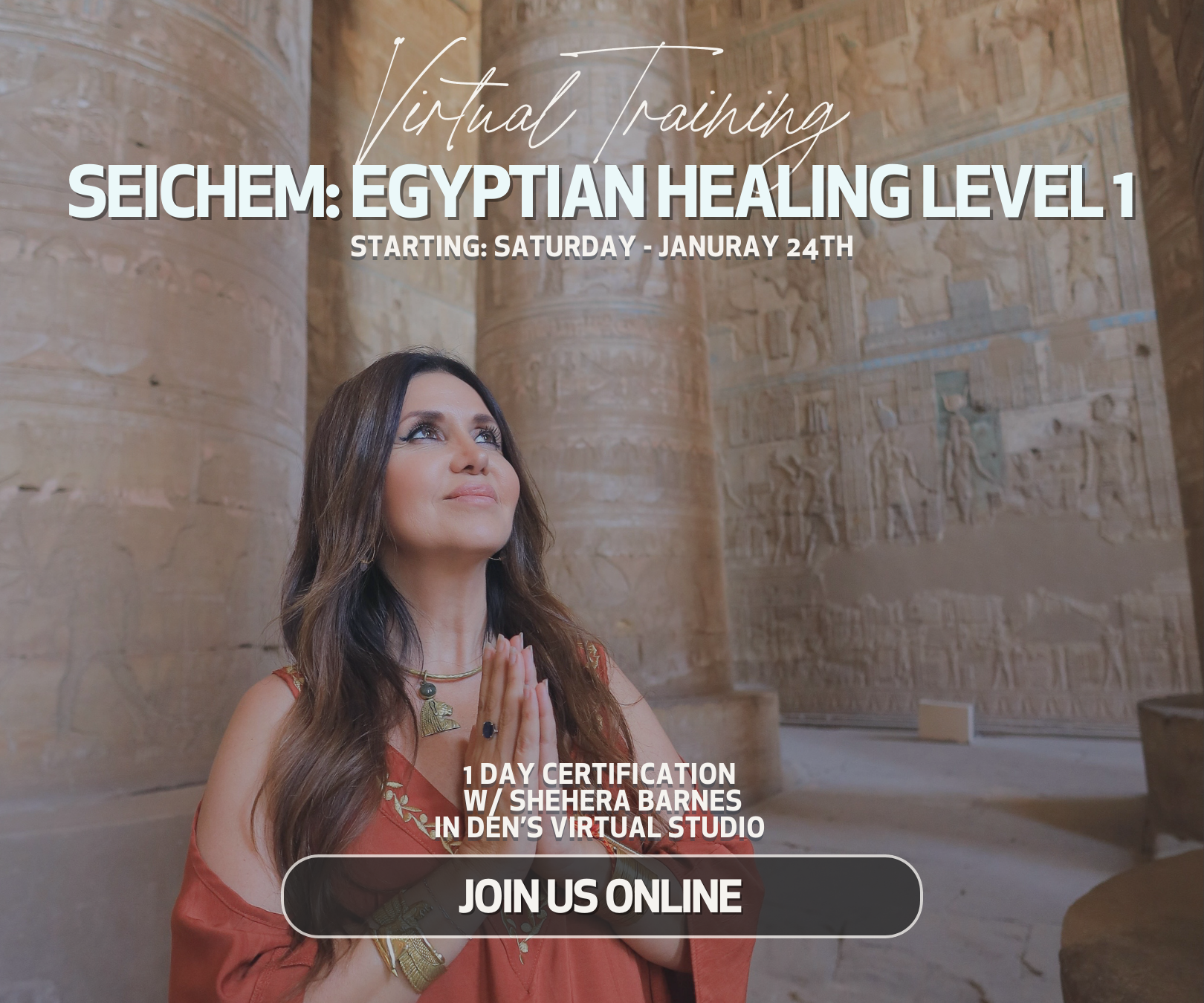A woman with long dark hair and a red outfit, praying with hands clasped in front of ancient Egyptian hieroglyphs carved into stone columns.