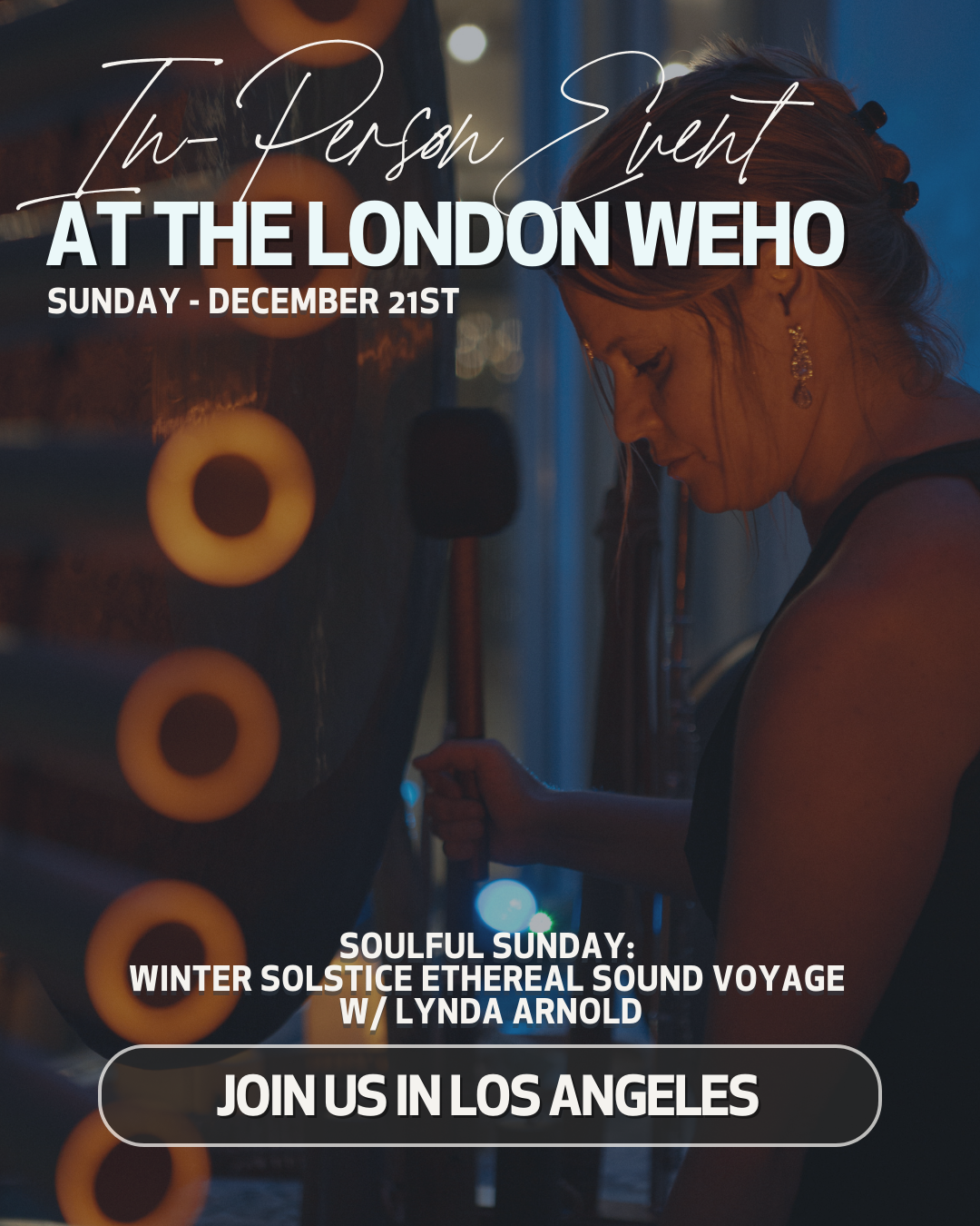 A woman with red hair in profile, wearing earrings, in a dimly lit space with hanging circular lights, looking downward, with event information overlaid.