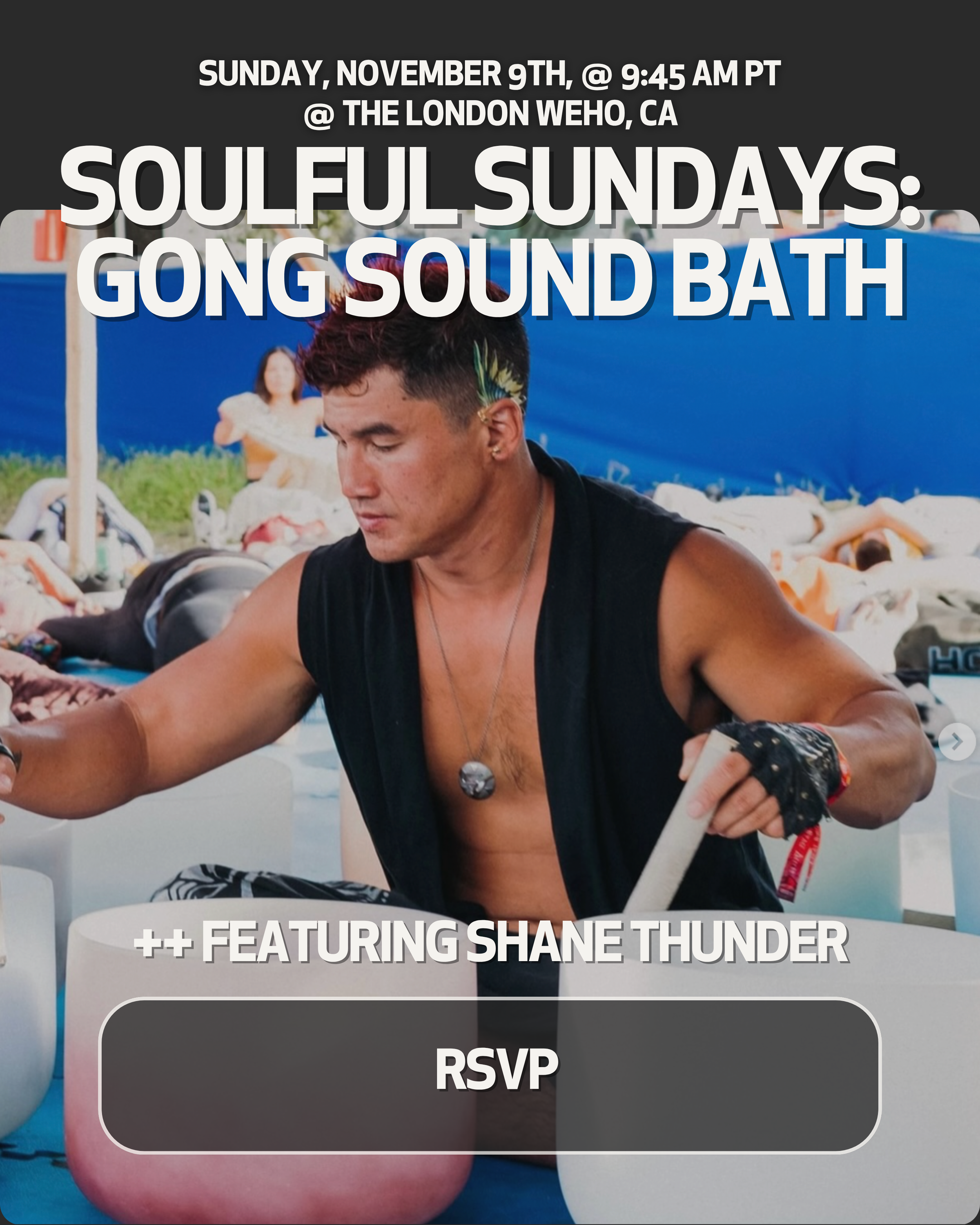 A man with short dark hair, wearing a black sleeveless shirt, playing gong sound bath at Soulful Sundays event at The London WEHO, CA on a sunny day