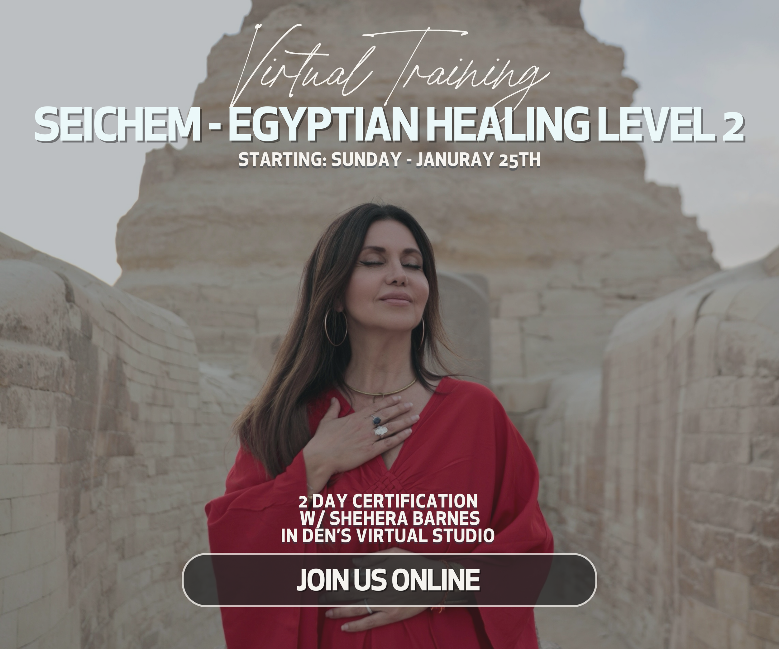 A woman in a red dress with her hand on her chest, eyes closed, standing in front of ancient stone ruins against a grayish sky, promoting a virtual healing training course.