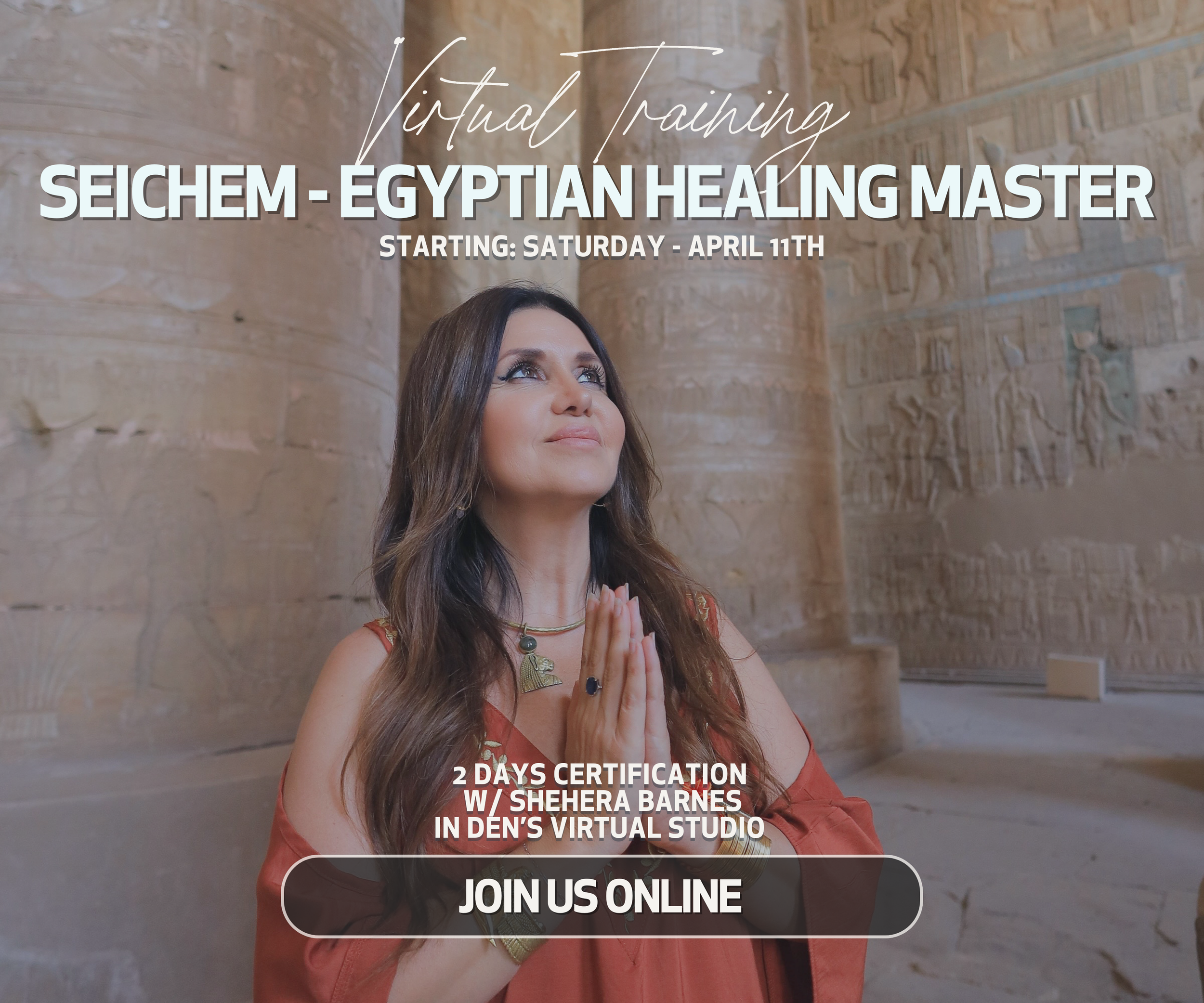 A woman with long dark hair, wearing a red dress with jewelry, standing inside an ancient Egyptian temple, holding her hands together in a prayer position, with hieroglyphics carved into the stone walls behind her.