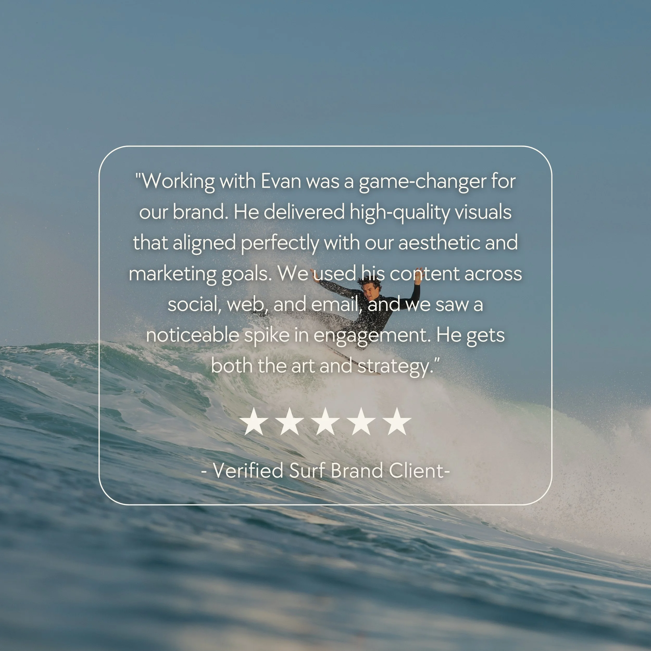 A surfer riding a wave with a quote overlay discussing branding and content, attributed to a surf brand client
