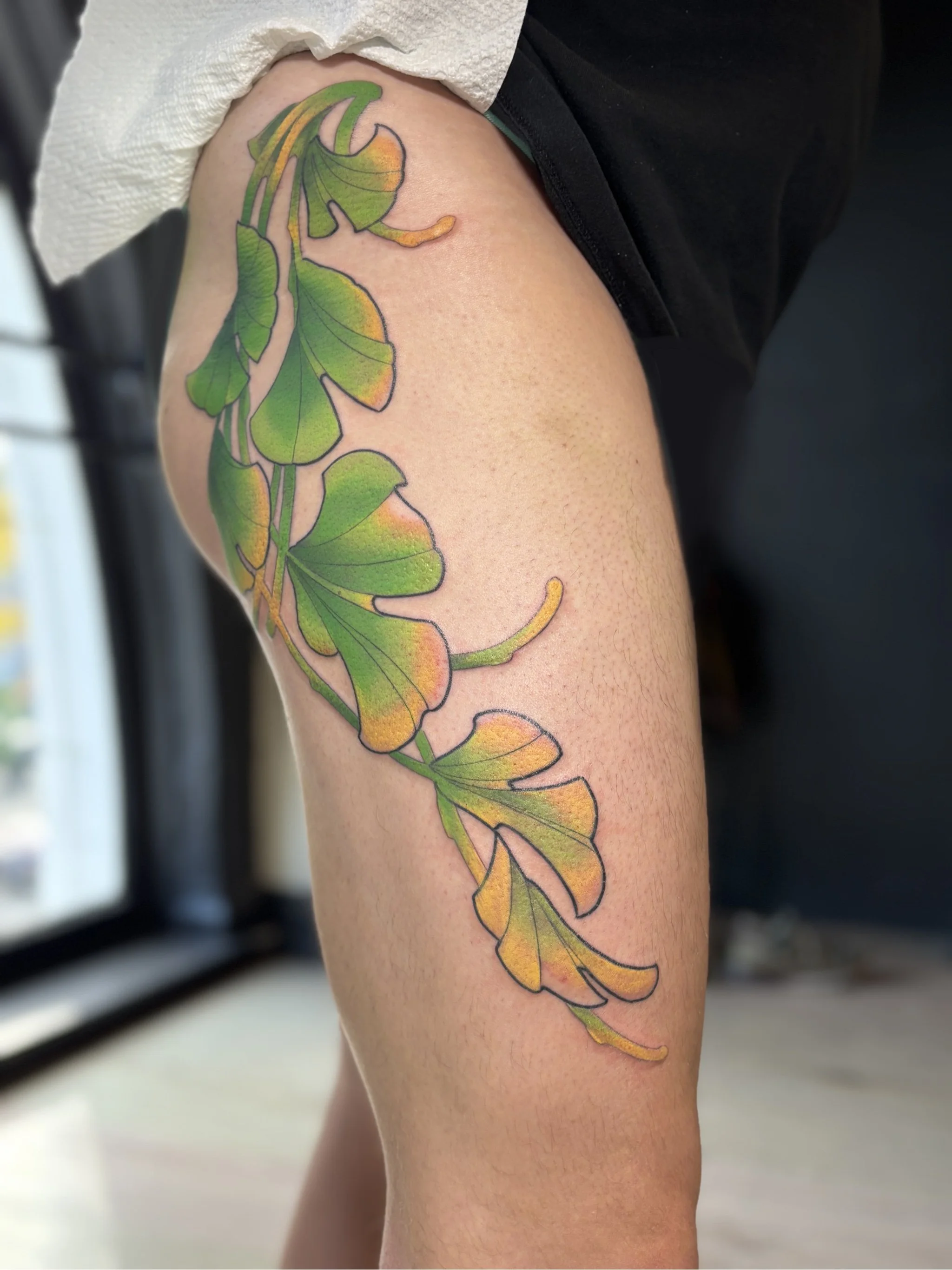 Colorful tattoo of green and yellow ginkgo leaves on a person's thigh.