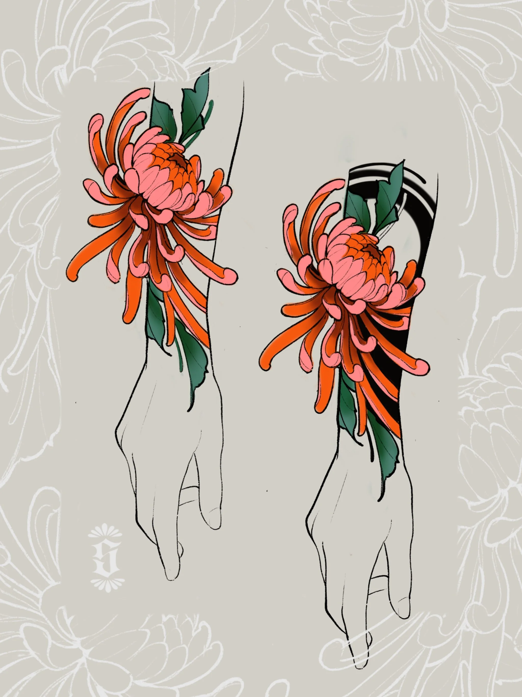 Line drawing of two hands with colorful floral tattoos featuring orange and pink flowers and green leaves.