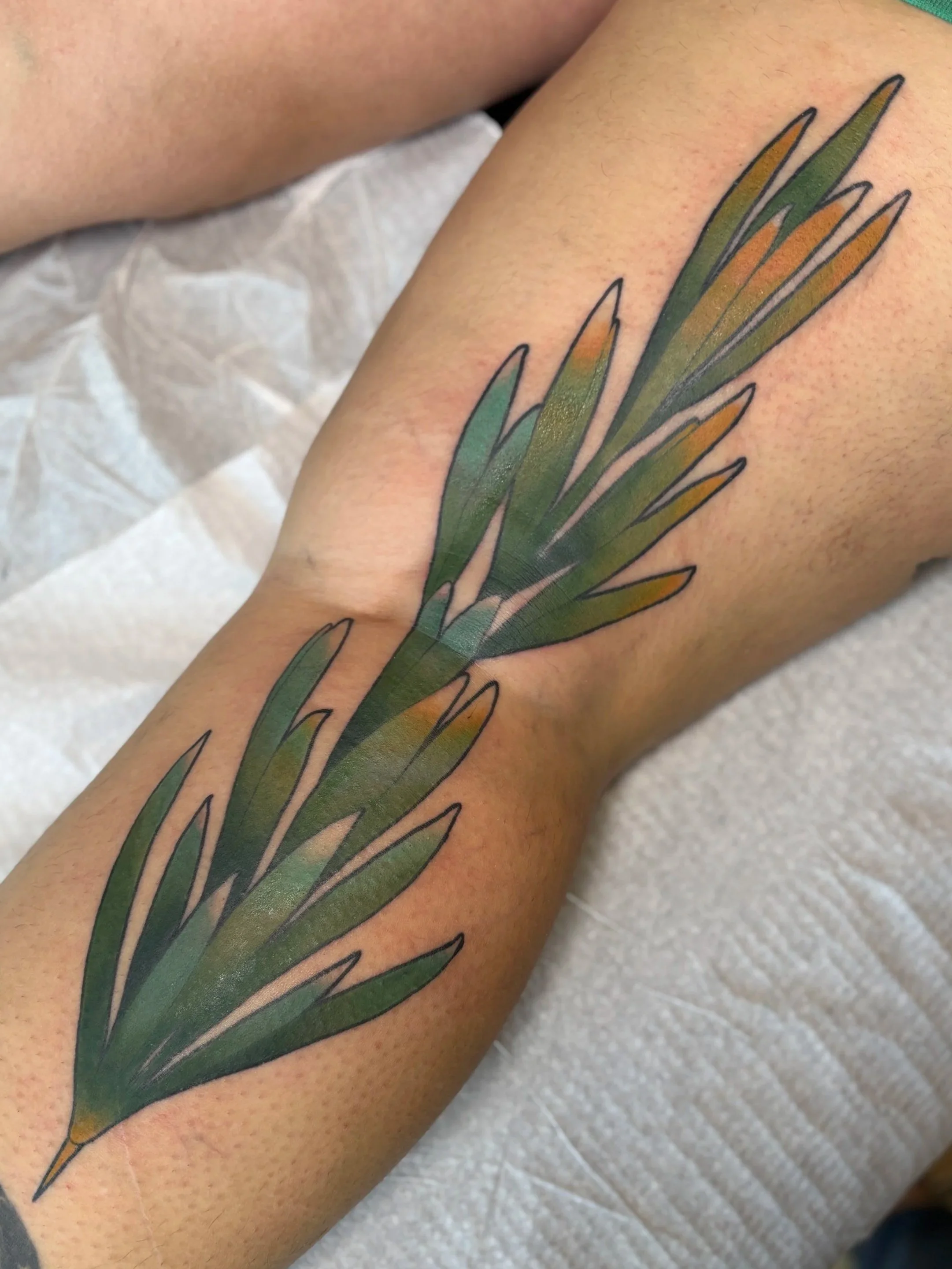 Tattoo of green and brown leaves on person's leg.