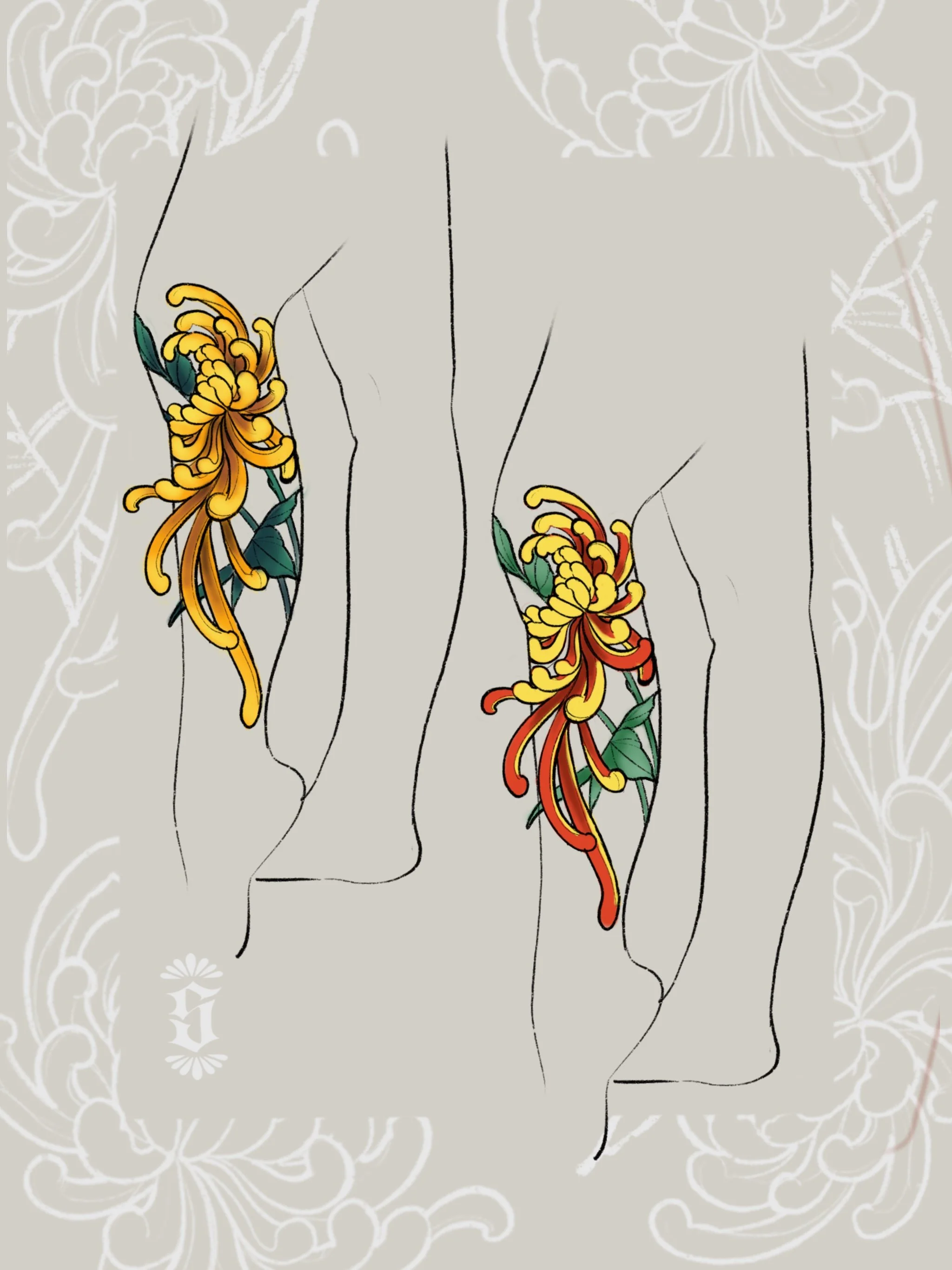 Outline illustration of two thighs with colorful floral tattoos featuring yellow and orange flowers, and green leaves.