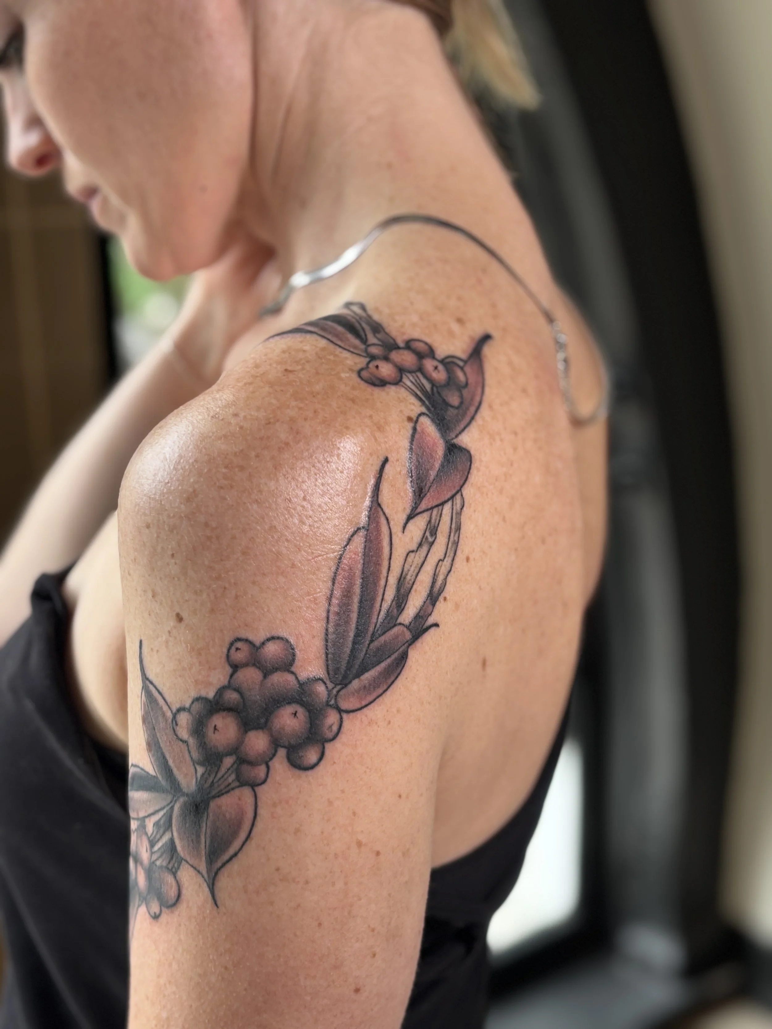Tattoo of coffee plant with coffee cherries on a woman's shoulder.