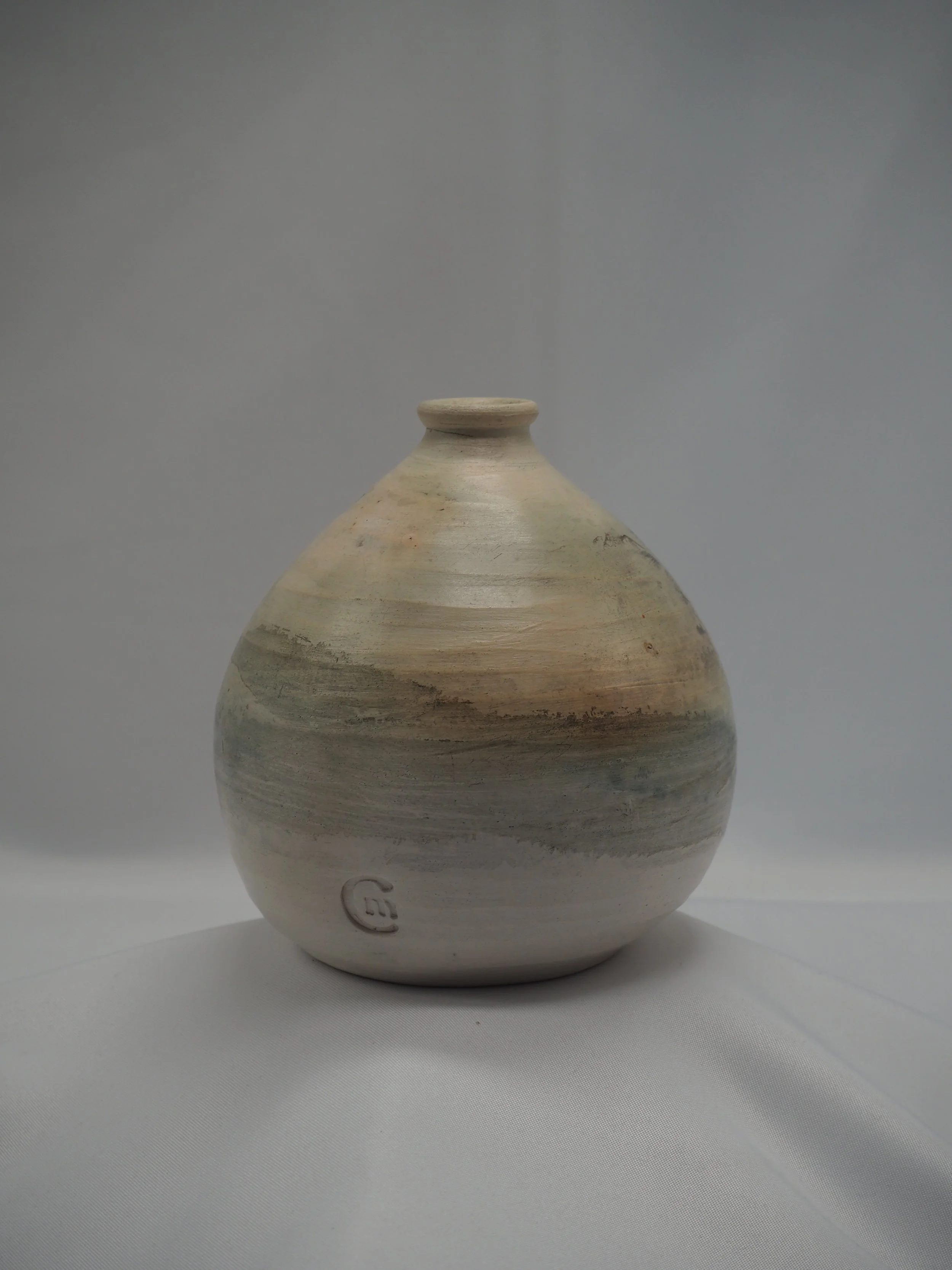 Test small vase 1 - From the 'saggar in the city' range - 'the seductive reveal' - white earthenware saggar fired in aluminium and terracotta flowerpot - with copper carbonate, soapy steel wool, cobalt carbonate, curly steel wool, vitamin E serum and