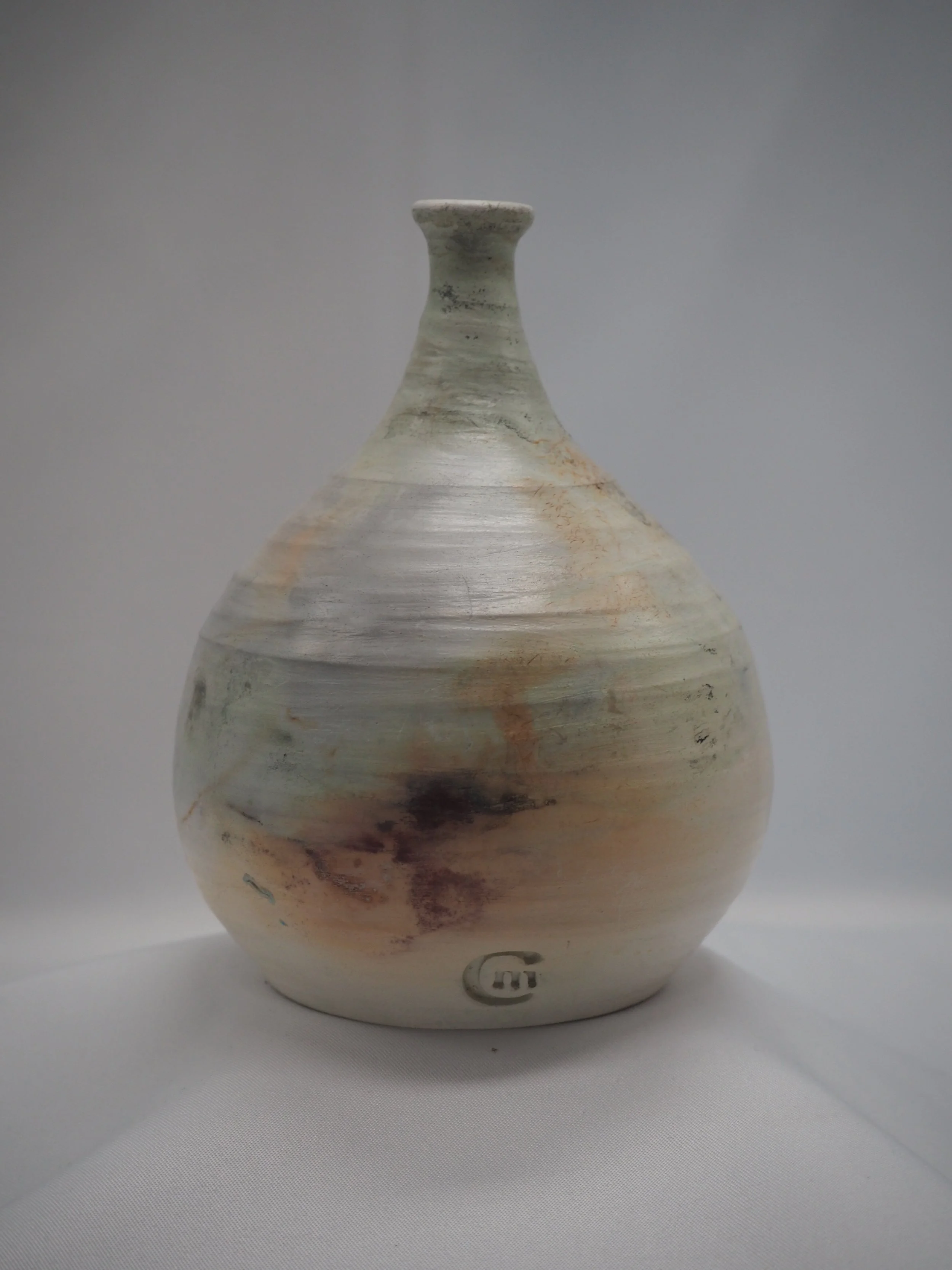 Test samll vase 6 - From the 'saggar in the city' range - 'a second sultry time' - white earthenware saggar fired in aluminium and terracotta flowerpot - with copper carbonate, soapy steel wool, cobalt carbonate, curly steel wool, vitamin E serum and